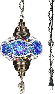 DEMMEXPlug-in Turkish Moroccan Mosaic Hanging Pendant Ceiling Light – Swag Lamp Fixture with 15ft Cord & Chain, Handcrafted Glass, Vintage Tiffany Style, Mediterranean Exotic Decor, Multicolored&Blue