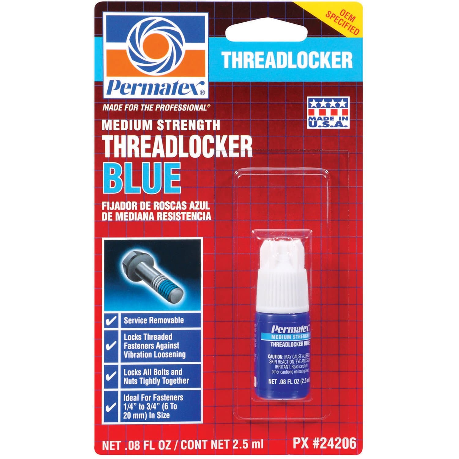 Permatex 24206 Medium Strength Threadlocker Blue, 2.5 ml, Automotive Threadlocker For Preventing Bolts From Loosening And Corrosion, Removable With Hand Tools