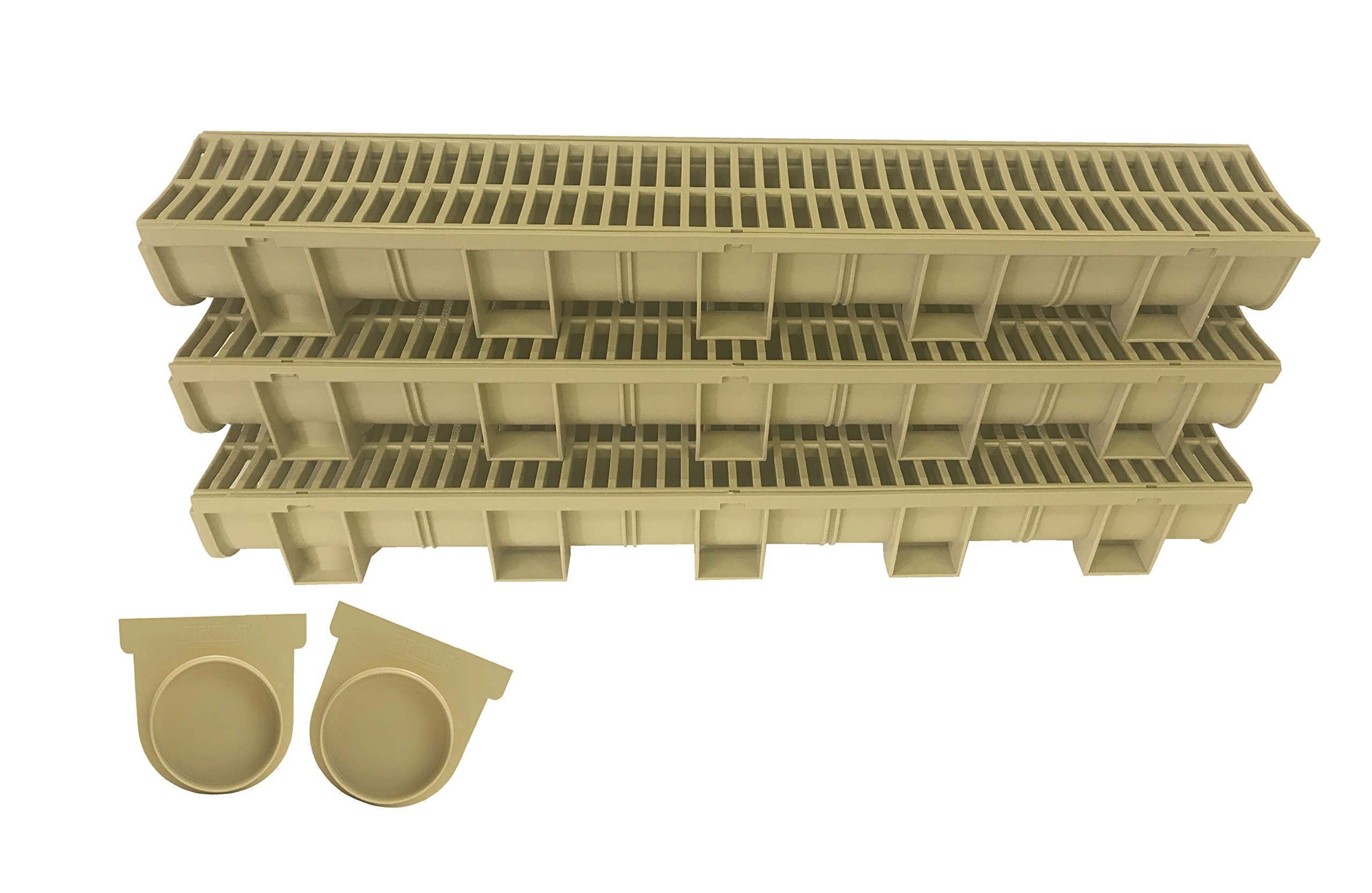 83302-3 - 10 ft Regular Trench Drain - Sandstone Polymer, Heel Friendly Grate - Pack with 1 End Cap & Adaptor - For Drainage Systems, Driveway, Basement, Pools etc.