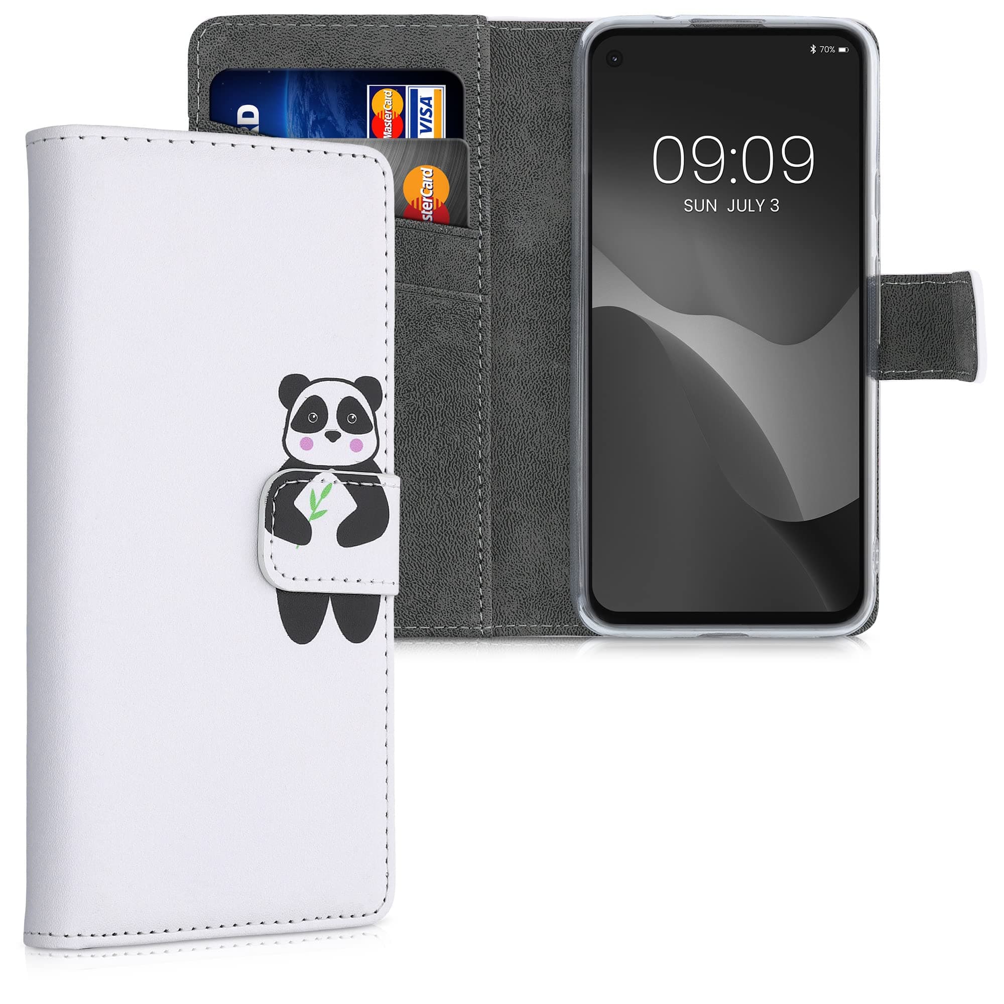 kwmobile Wallet Case Compatible with Google Pixel 4a - Case Faux Leather Cover - Wallet Panda Black/Green/White
