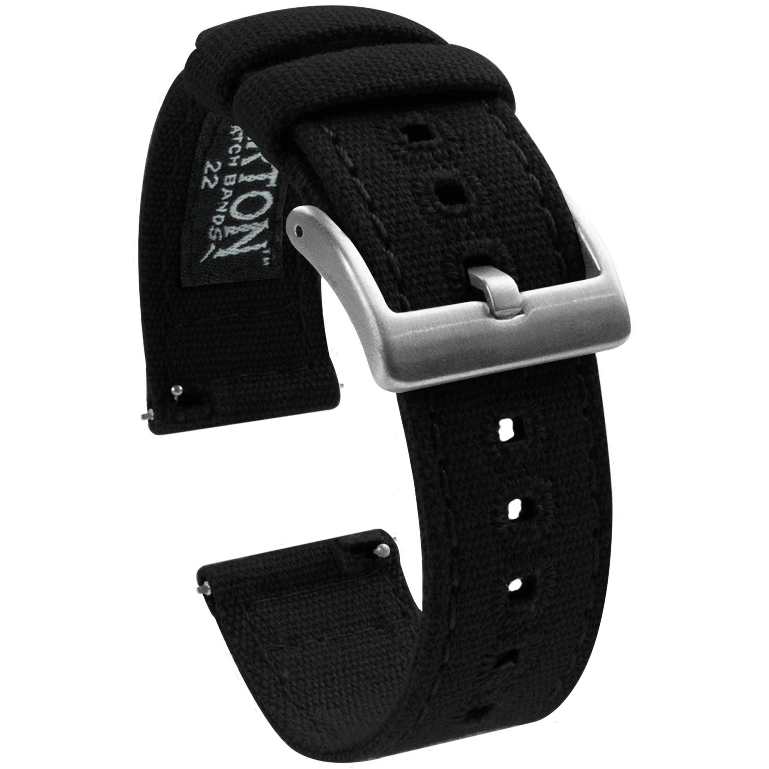 BARTON Canvas Quick Release Watch Band Straps - Choose Color & Width - 18mm, 20mm, 22mm - Black 20mm