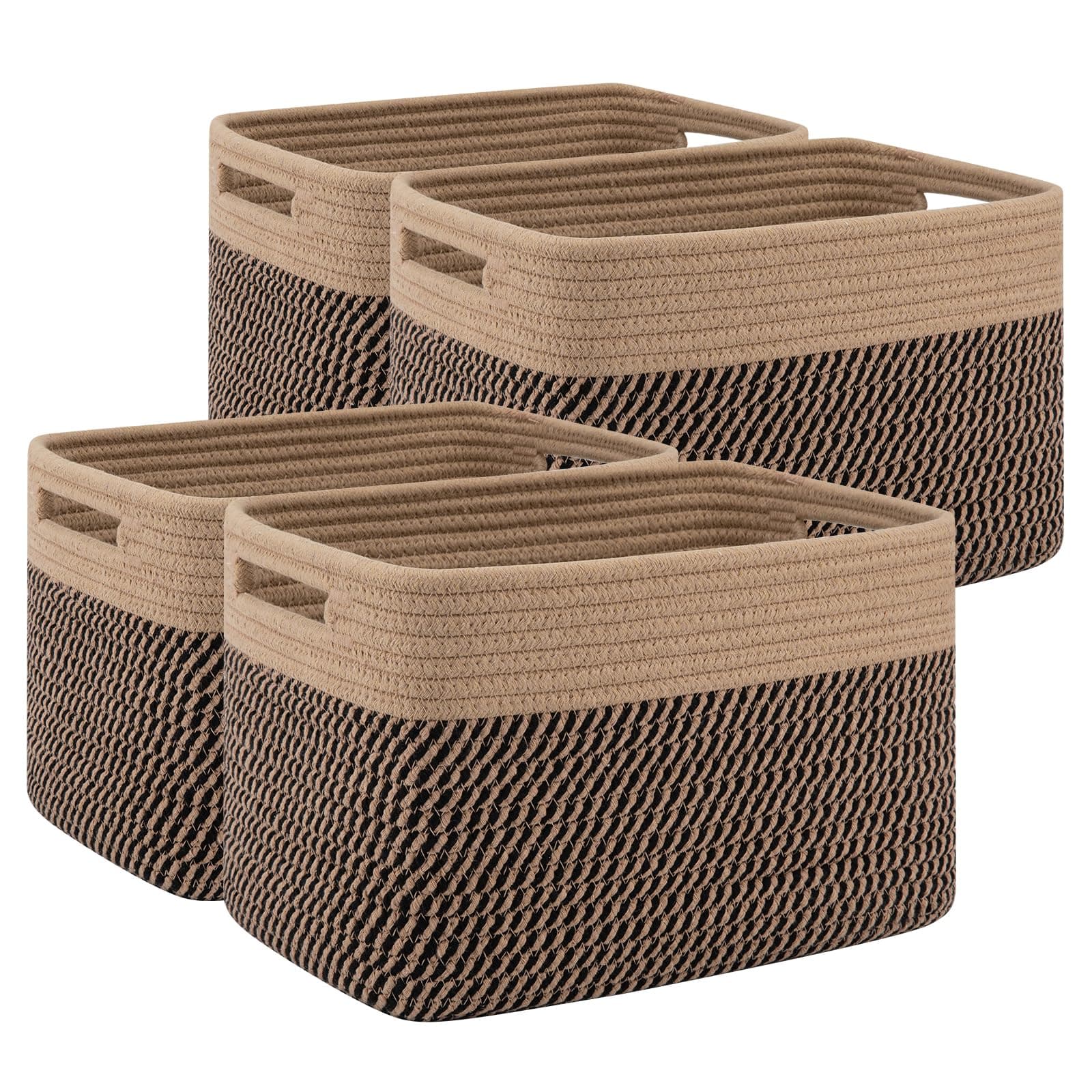 4 Pack Storage Baskets for Organizing, Woven Baskets for Shelves - Perfect for Toys, Books, Towels, and Clothes, Durable Gift Basket Bins Toy Storage, 12.7''L x9''W x7.8''H, Black and Brown