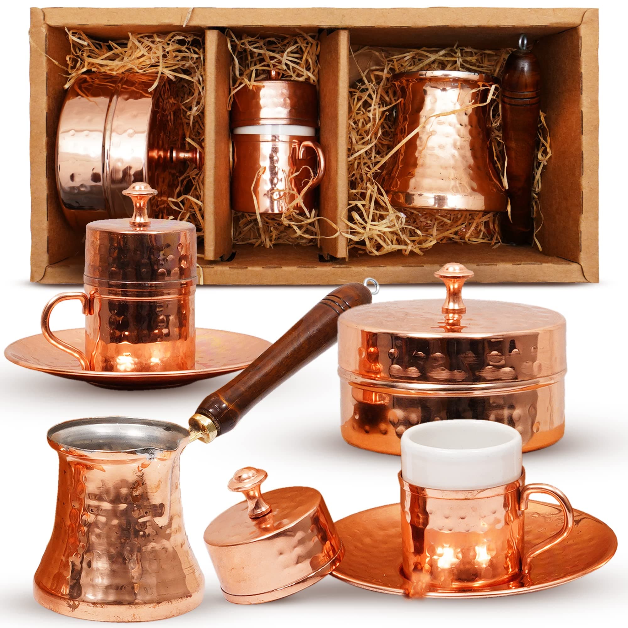LEAVITT BAY COFFEE Turkish Set – Turkish Maker Set w/ 2 Cups, Sugar Dish, Copper Turkish Pot (Cezve) – Traditional Turkish Gifts in A Box – Gifts for Lovers