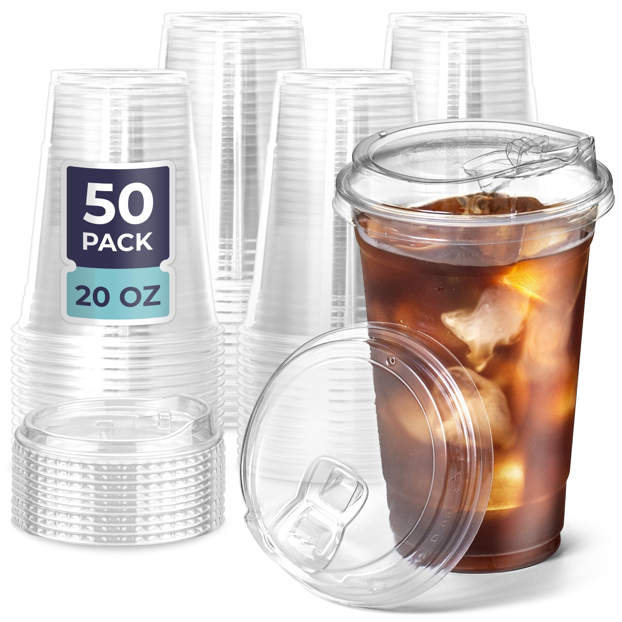 Fit Meal Prep 50 Pack 20 Oz Clear Plastic Cups with Lids - Sippy Cups, Perfect Eco-Friendly To Go Cups for Iced Coffee, Smoothies, Soda, Party Drinks