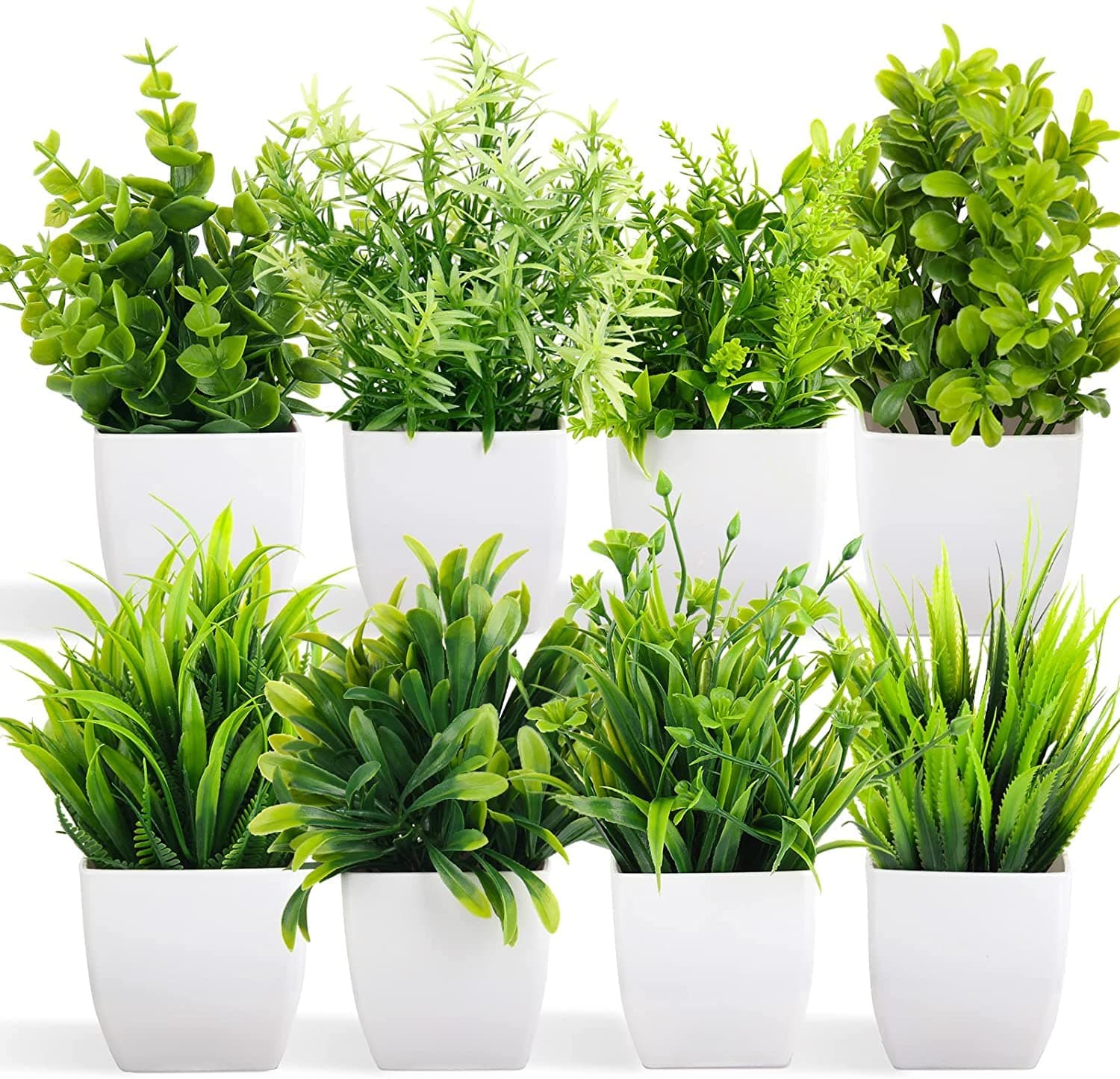 Dekorly® Artificial Potted Plants, 8 Pack Artificial Plastic Eucalyptus Plants Small Indoor Potted Houseplants, Small Faux Plants for Home Decor Bathroom Office Farmhouse, Green