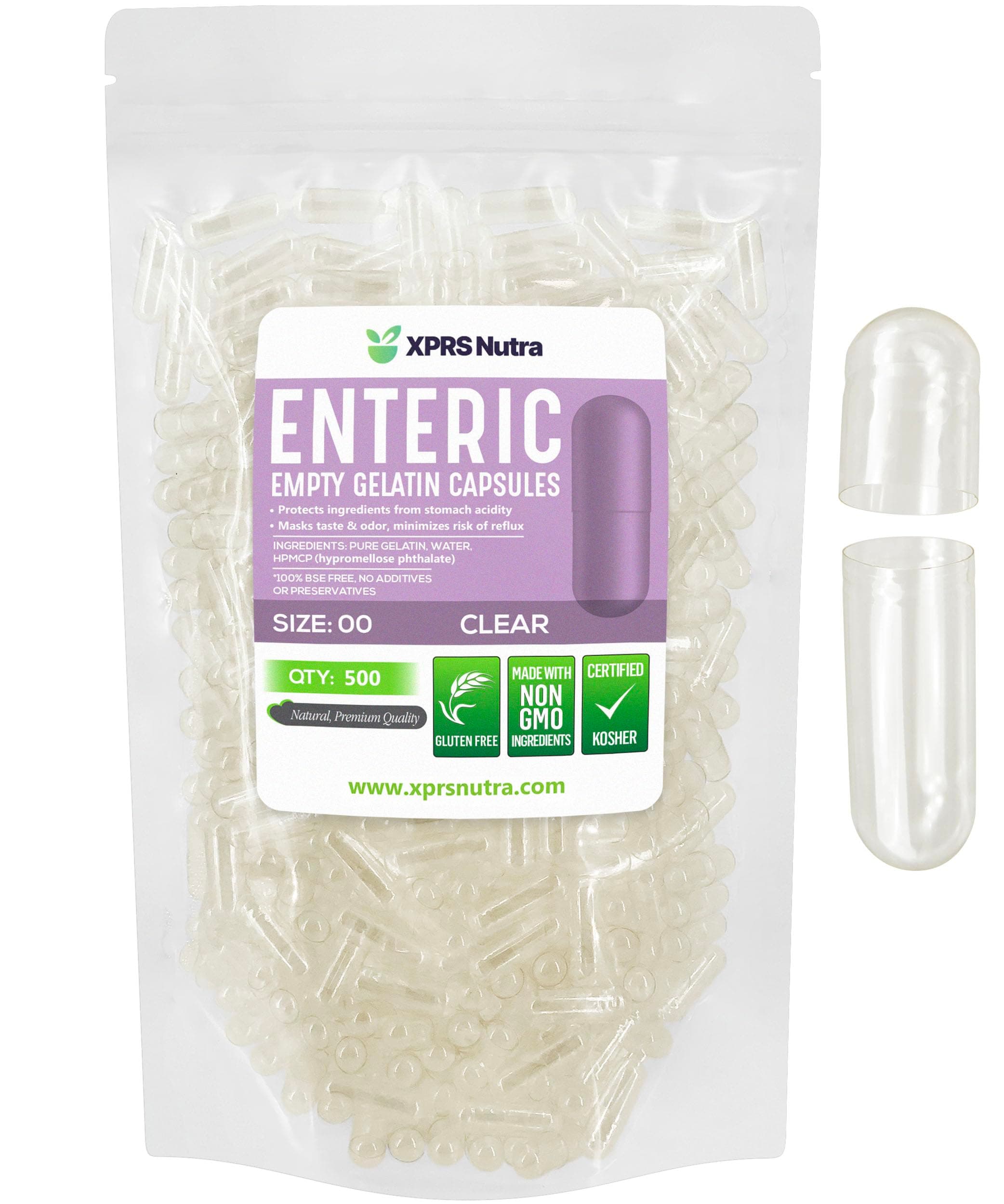 XPRS Nutra Size 00 Empty Capsules - 500 Count Clear Enteric Coated Empty Gelatin Capsules - Delayed Release Pills - DIY Capsule Filling - Pure Bovine Empty Enteric Gel Caps