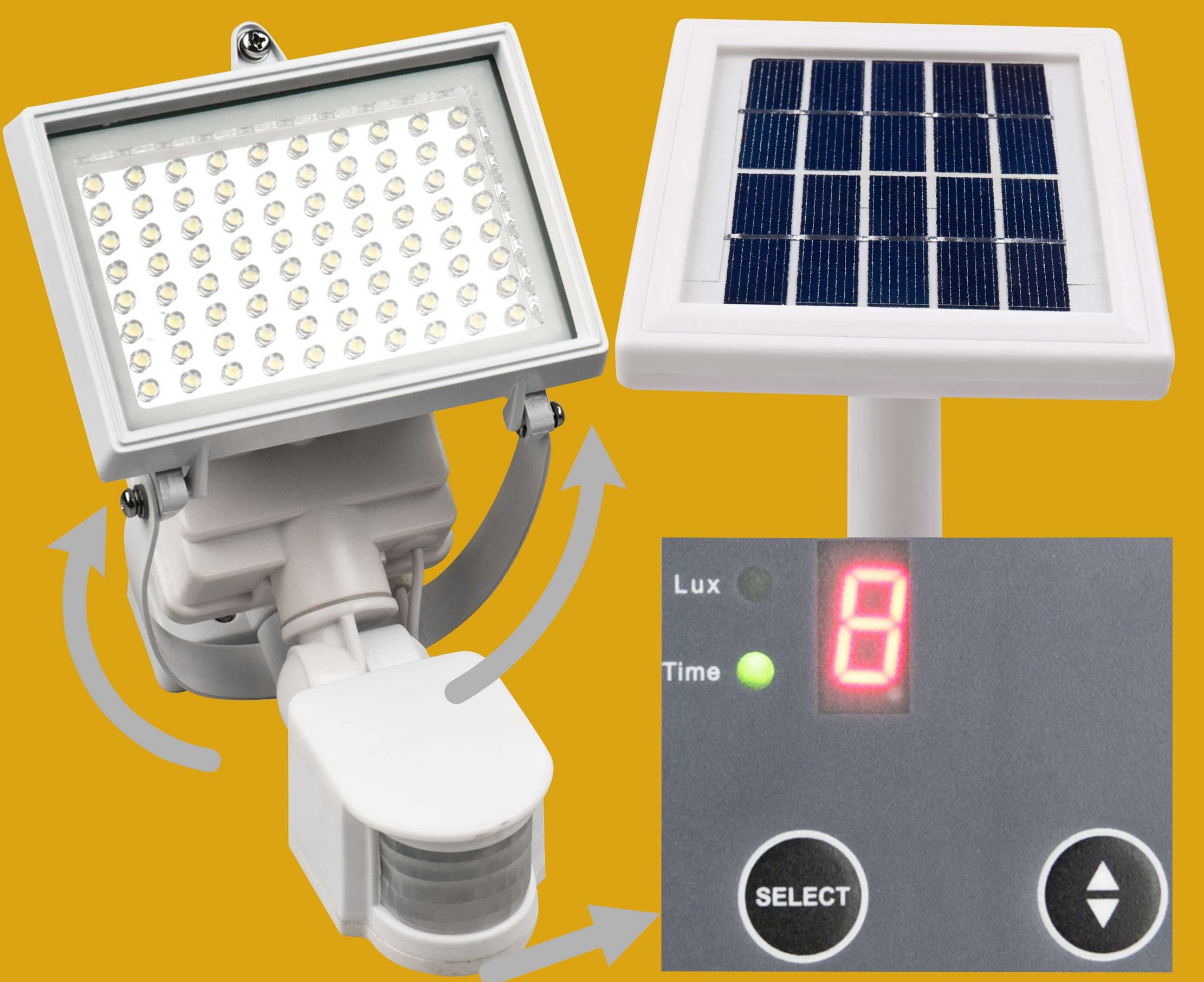 Warm White * 80 LED Outdoor Solar Motion Light *** Digitally Adjustable TIME & LUX *** 2 Axes Adjustable Solar Lamp *** 2 Axes Adjustable Motion Sensor * Lithium Battery