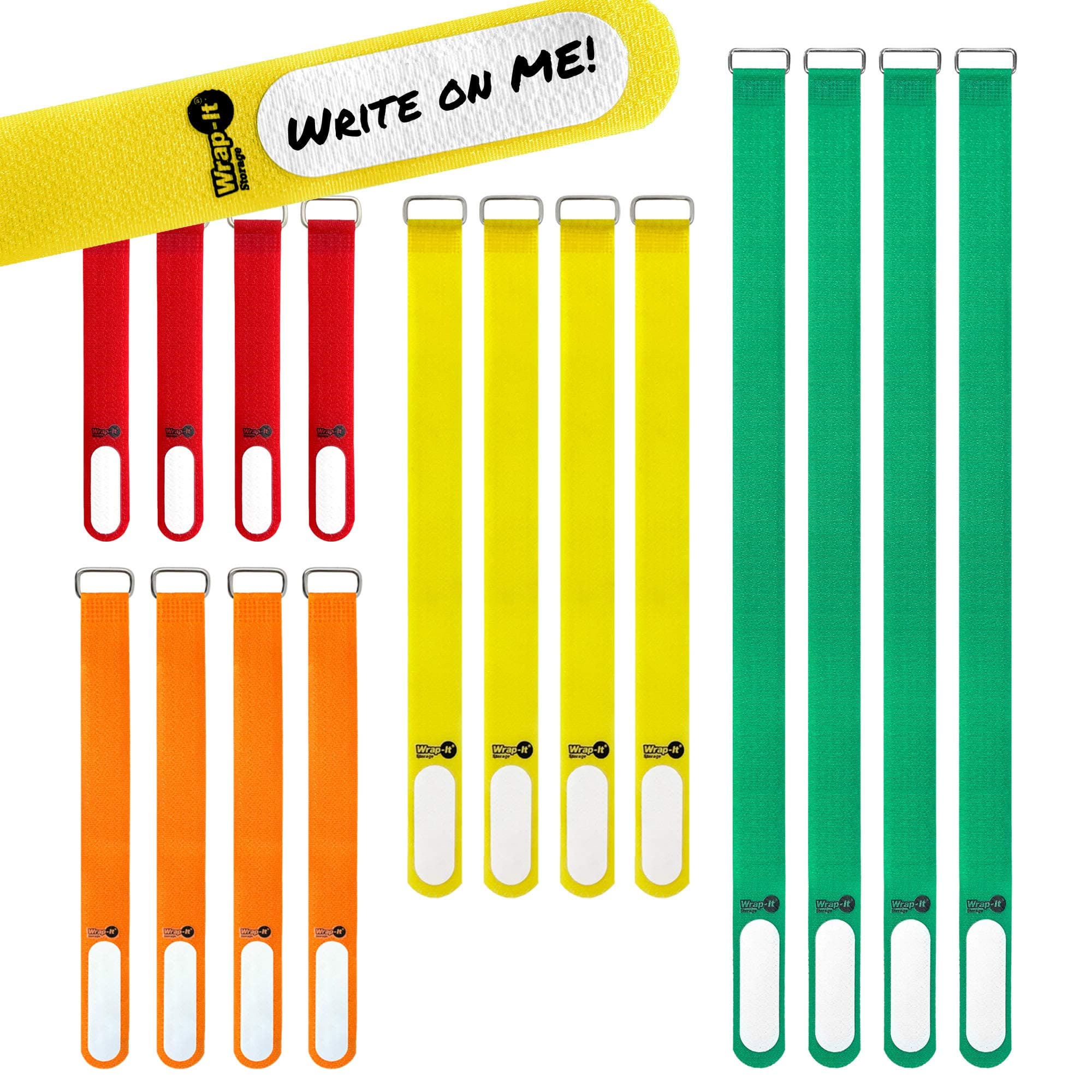 Wrap-It Storage Cinch-Straps (Assorted 16 Pack) Hook and Loop Straps with Metal Buckles and Write on Labels for Easy Cord Identification, Waterproof, Reusable, Multi-Purpose, Adjustable