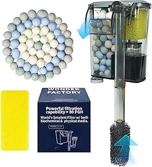 Wonderfactory 80 GPH Filter for 1 to 5 Gallon Fish Tank, Hang-On Back Ultra-Quiet Small Aquarium Filter Included Sponge Ceramic Media Filtration Aquariums Powerful Water Pump Biological Material