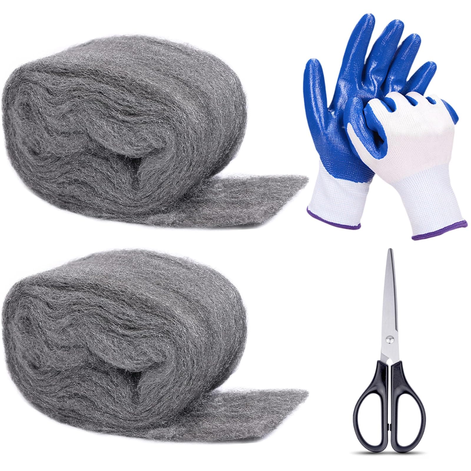2Pack Steel Wool for Mice Control 3.2" x10.5 ft Wool, Gap Filler for Home & Garage, DIY Bundle with Gloves & Scissors