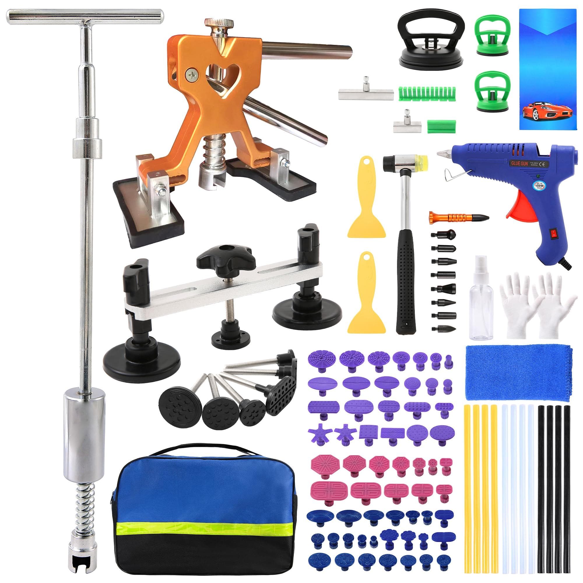 112PCS Dent Puller Kit,Body Repair Dent Removal Tools，Paintless Dent Removal Kit with T-bar Dent Puller