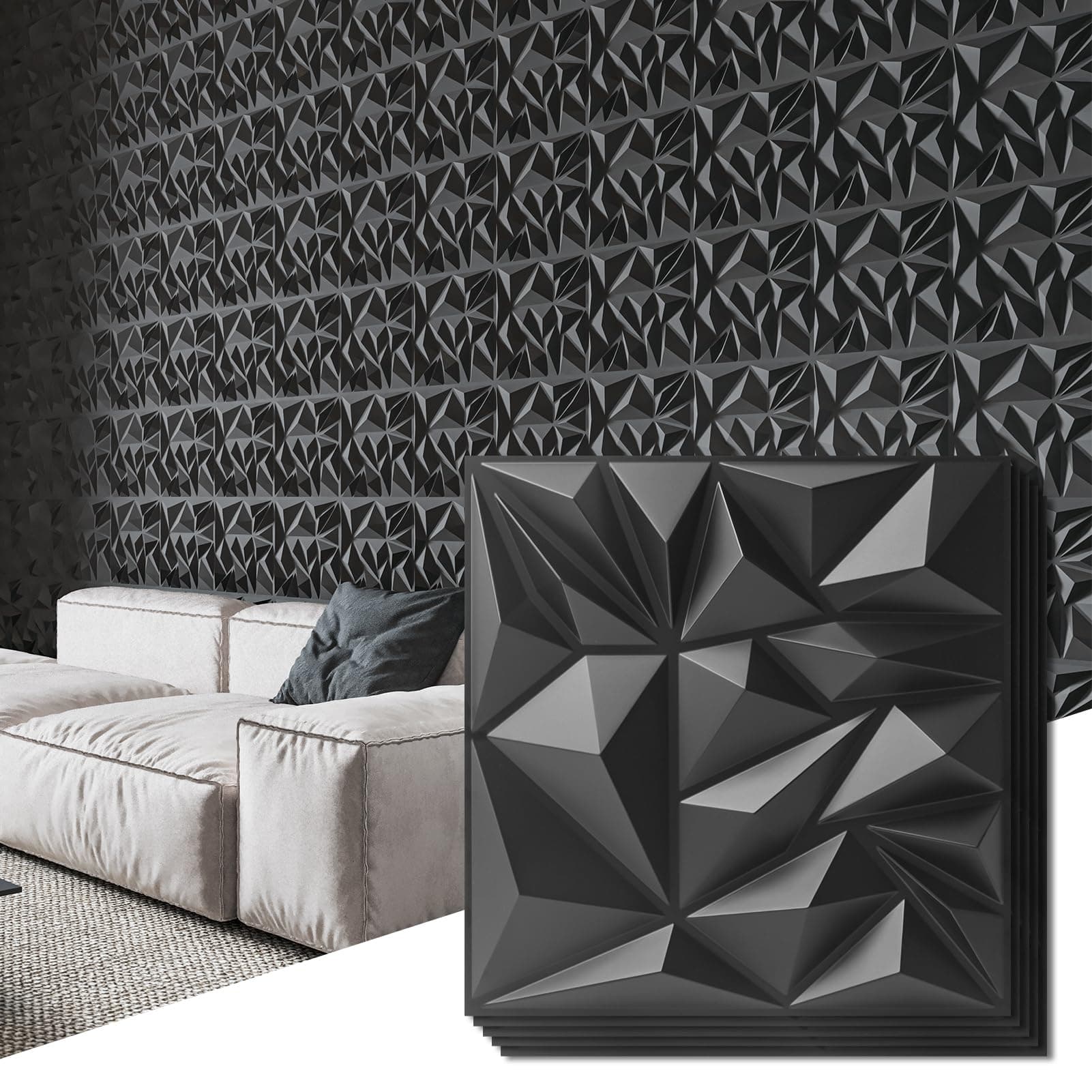 Art3d 33-Pack 3D Wall Panels for Interior Decor, Modern Diamond Textured Accent Paneling for Gaming Living Room TV Background, 12 x 12 Inch Black