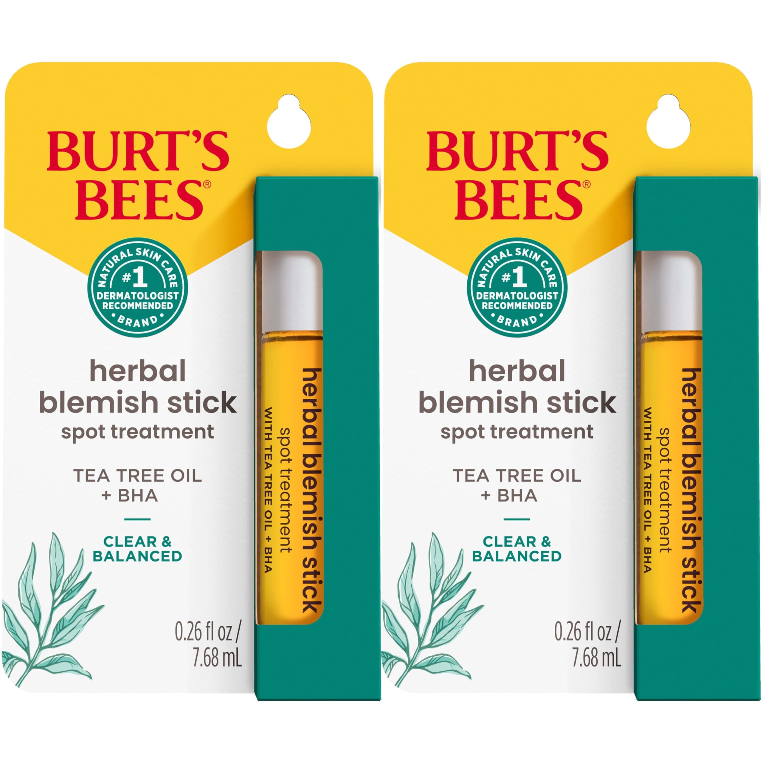 Burt’s Bees Clear and Balanced Herbal Blemish Stick, with Tea Tree Oil, On-the-Go Blemish Care, Unclogs Pores, Use with Skincare Products, 2-Pack, 0.26 fl. oz.