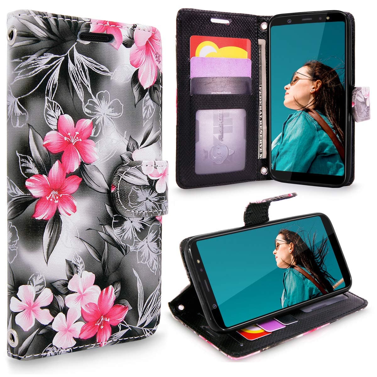 Cellularvilla Galaxy A6 2018 Case, [Folio Style] Wallet Case [Stand Feature] [Wristlet] Protective Premium Leather Flip Cover Card Slot Magnetic Closure for Samsung Galaxy A6 2018 (Black Pink Folwer)