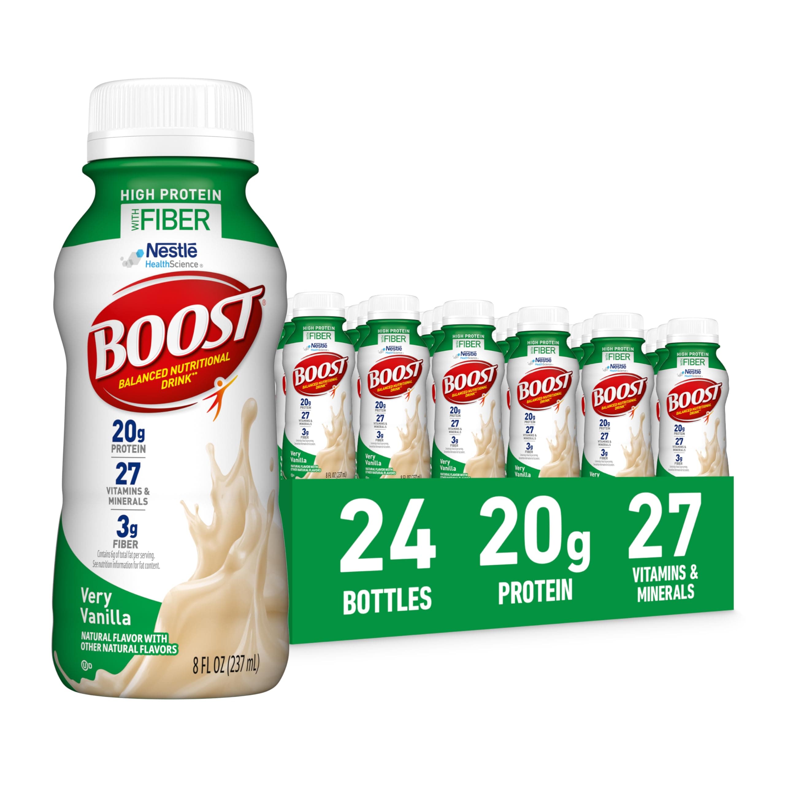 BOOST High Protein with Fiber Ready to Drink Complete Nutritional Drink, Very Vanilla, 8 fl oz Bottle, 24 Pack
