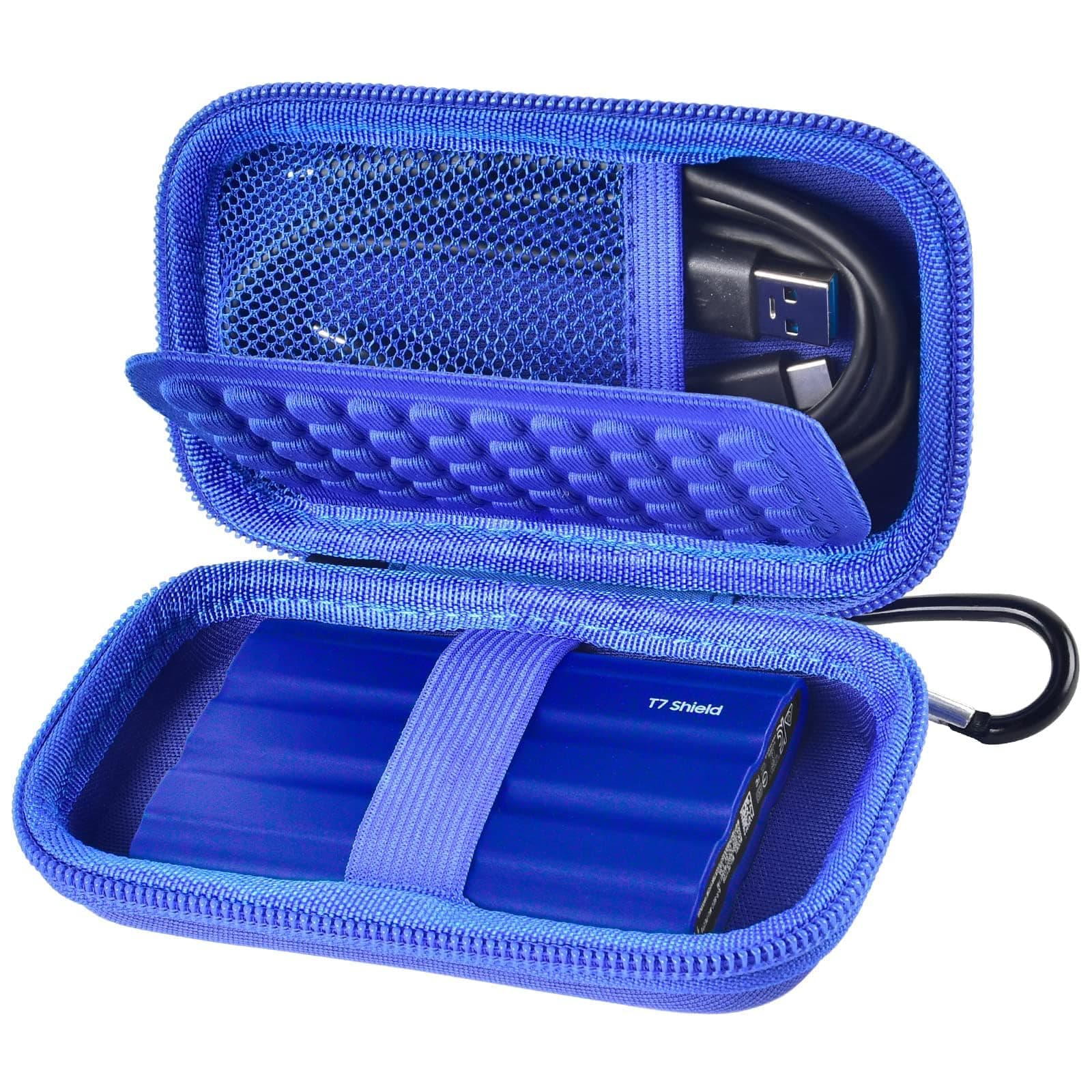 External Hard Drive Carrying Case, Fits for Samsung T7 Shield/ T7/ T7 Touch State Drive USB 3.2 500GB 1TB 2TB, Hard Drive Pouch Portable Storage Holder for Samsung SSD & USB Cables (Box only)-Blue