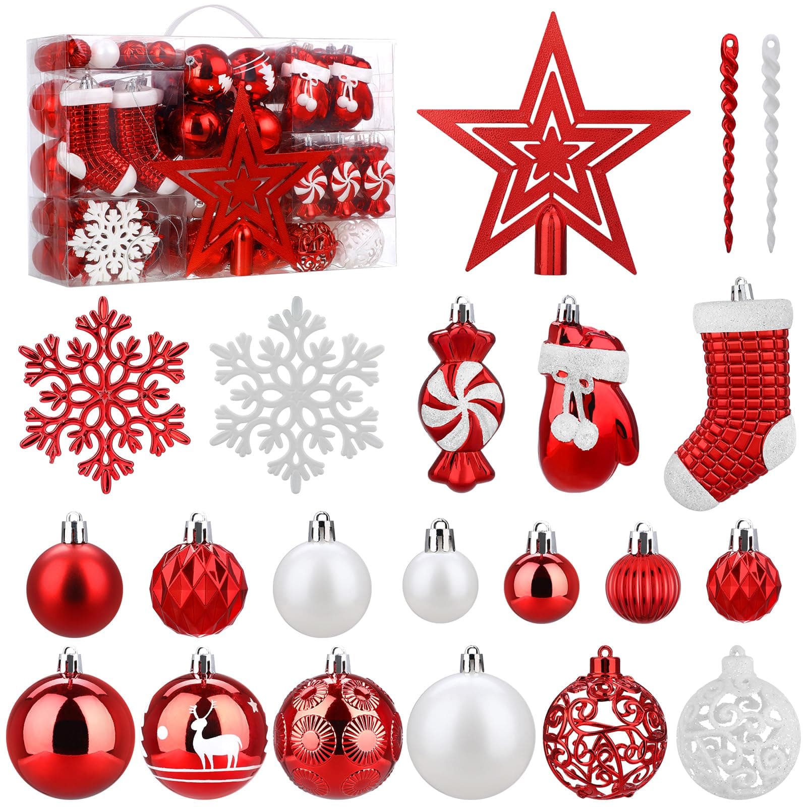 SOLEDI 128 Pcs Christmas Tree Decorations Set Assorted Christmas Ornaments, Pre-Tied Christmas Balls for Xmas Hanging Decorations Festival Holiday Decor, Shiny, Shatterproof Decorated Baubles, Red
