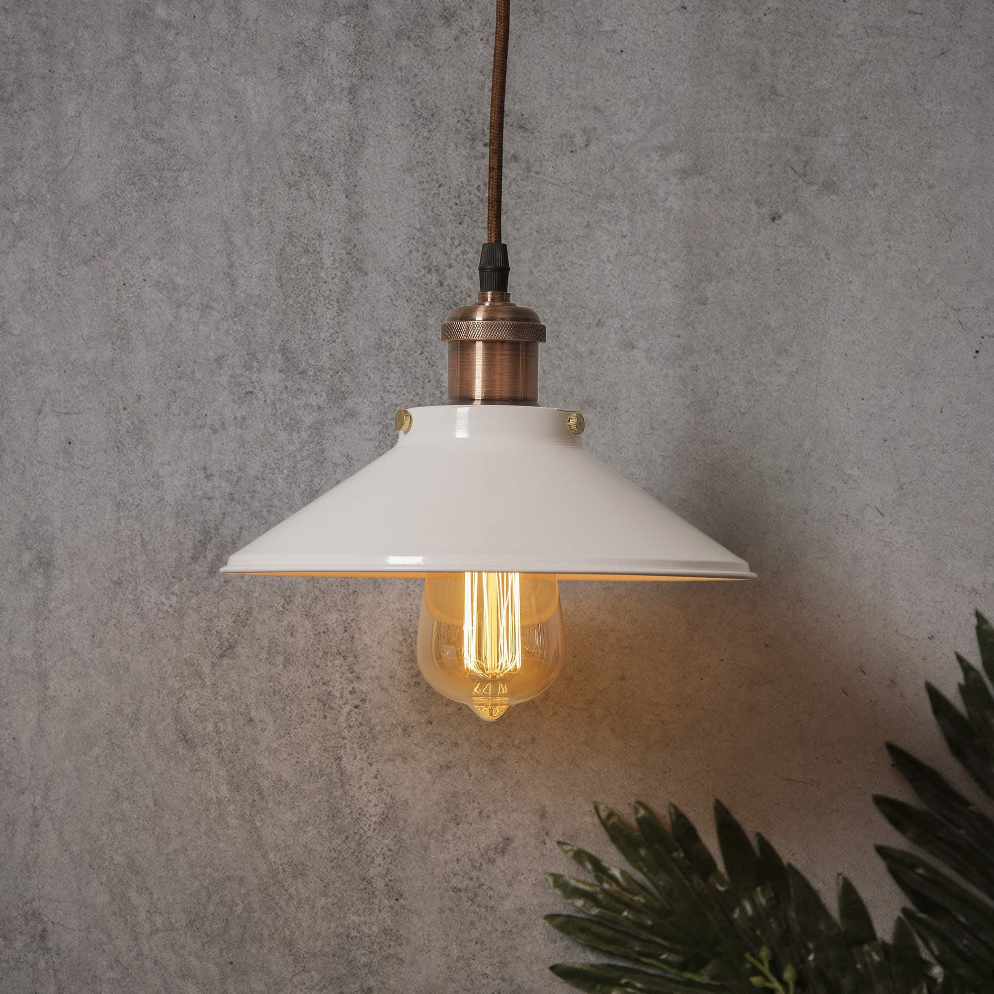 Single White Cone Pendant with Antique Copper Holder, E27, Modern Nordic Hanging Ceiling Light (Bulb Included)