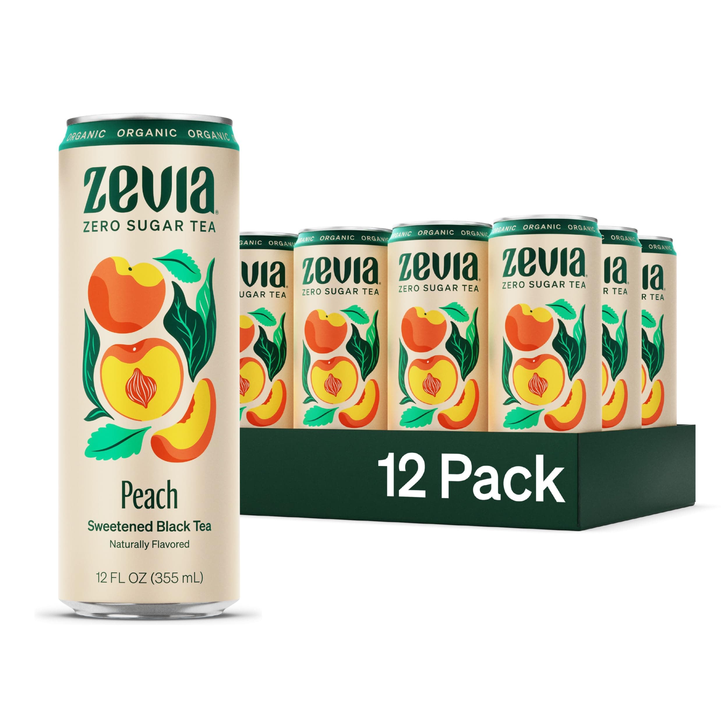 Zero Sugar Tea, Black Tea with Peach, 12 oz Cans (12-Pack) – Naturally Sweetened, Zero Calorie Sugar Free - Non-GMO Project Verified, Gluten-Free, Vegan