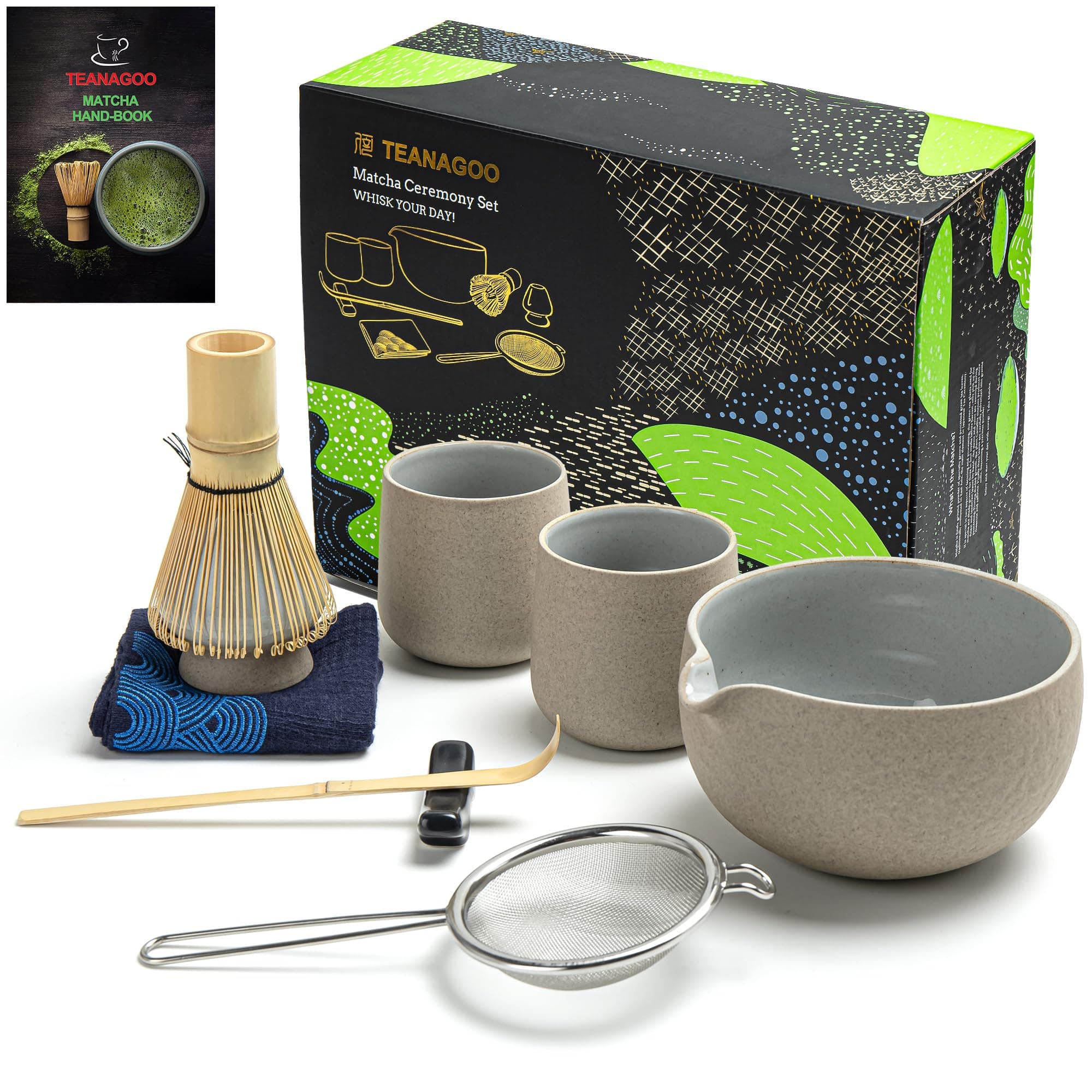 TEANAGOO 9 Pcs Matcha Whisk Set, Ceramic Matcha Set, Ceramic Kit for Ceremony, Whisk and Bowl with 2 Cups(7.2oz)