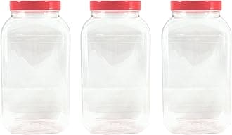 3 Large Storage Jars with red Screw top lids by Britten & James. Crystal Clear Food Grade Plastic - Safe, hygienic and Attractive.