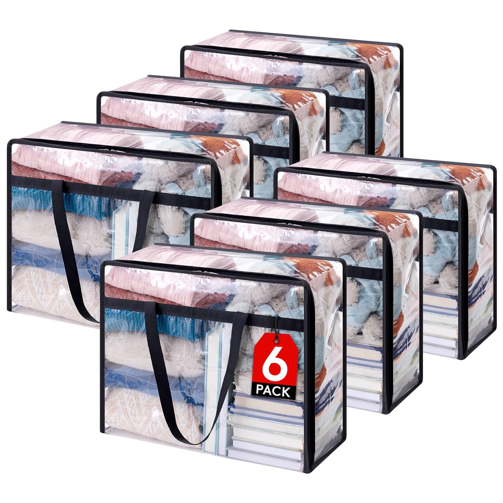6 Pack Clear Plastic Storage Bags, 40L Foldable Clothes Storage Boxes Wardrobe Storage Organizer Moving Bags with Reinforced Handle for Loft Wardrobe for Bedding Clothes Blanket Duvet