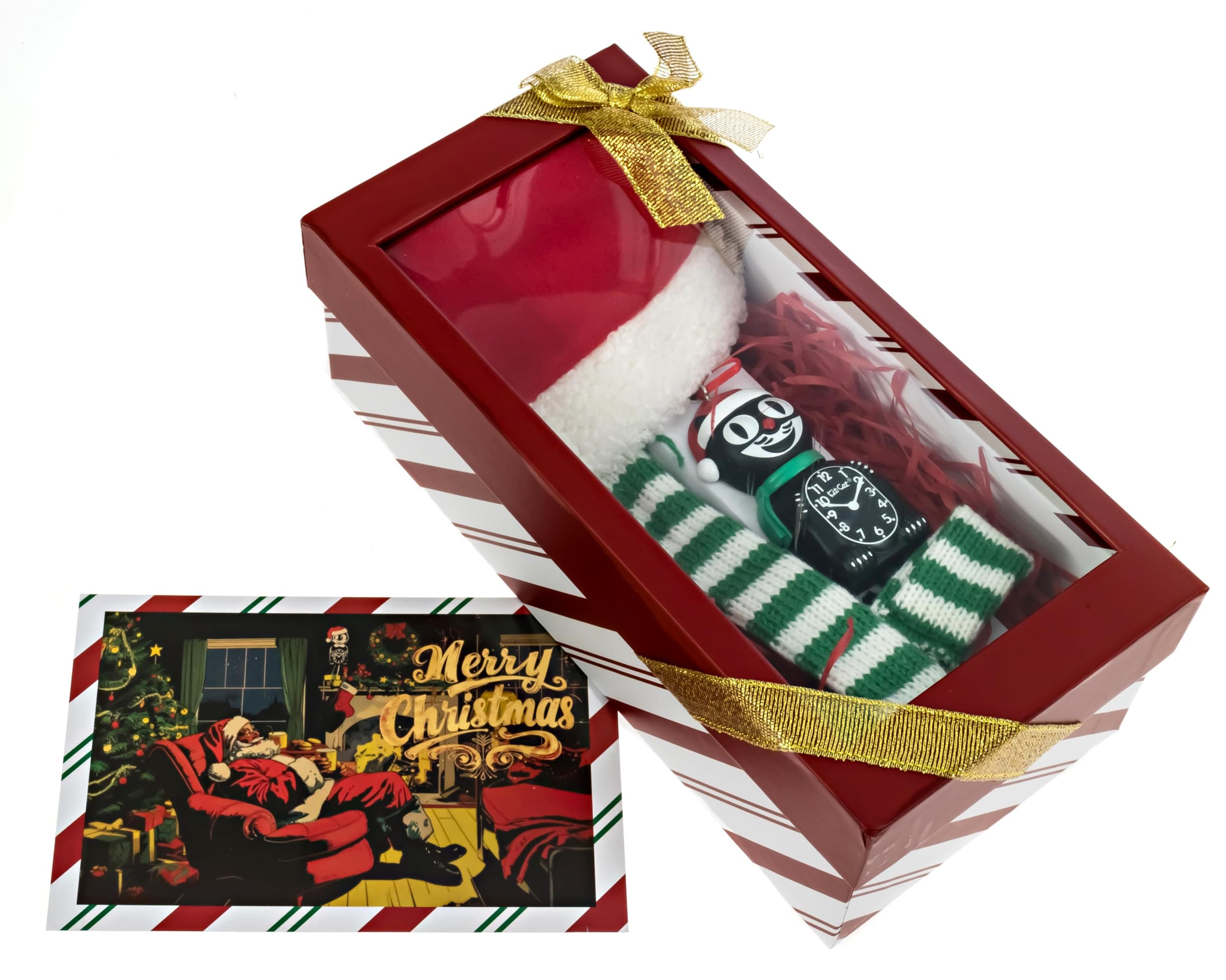 Kit-Cat Klock® Christmas Gift Package - Festive Santa Hat, Interactive Ornament, Vintage COB-Hat, Scarf & Greeting Card - Perfect Holiday Décor
