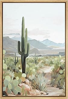 SIGNFORD Framed Canvas Print Wall Art Serene Desert Landscape with Tall Cactus Nature Wilderness Illustrations Modern Art Decorative Relax/Calm for Living Room, Bedroom, Office - 16"x24" Natural
