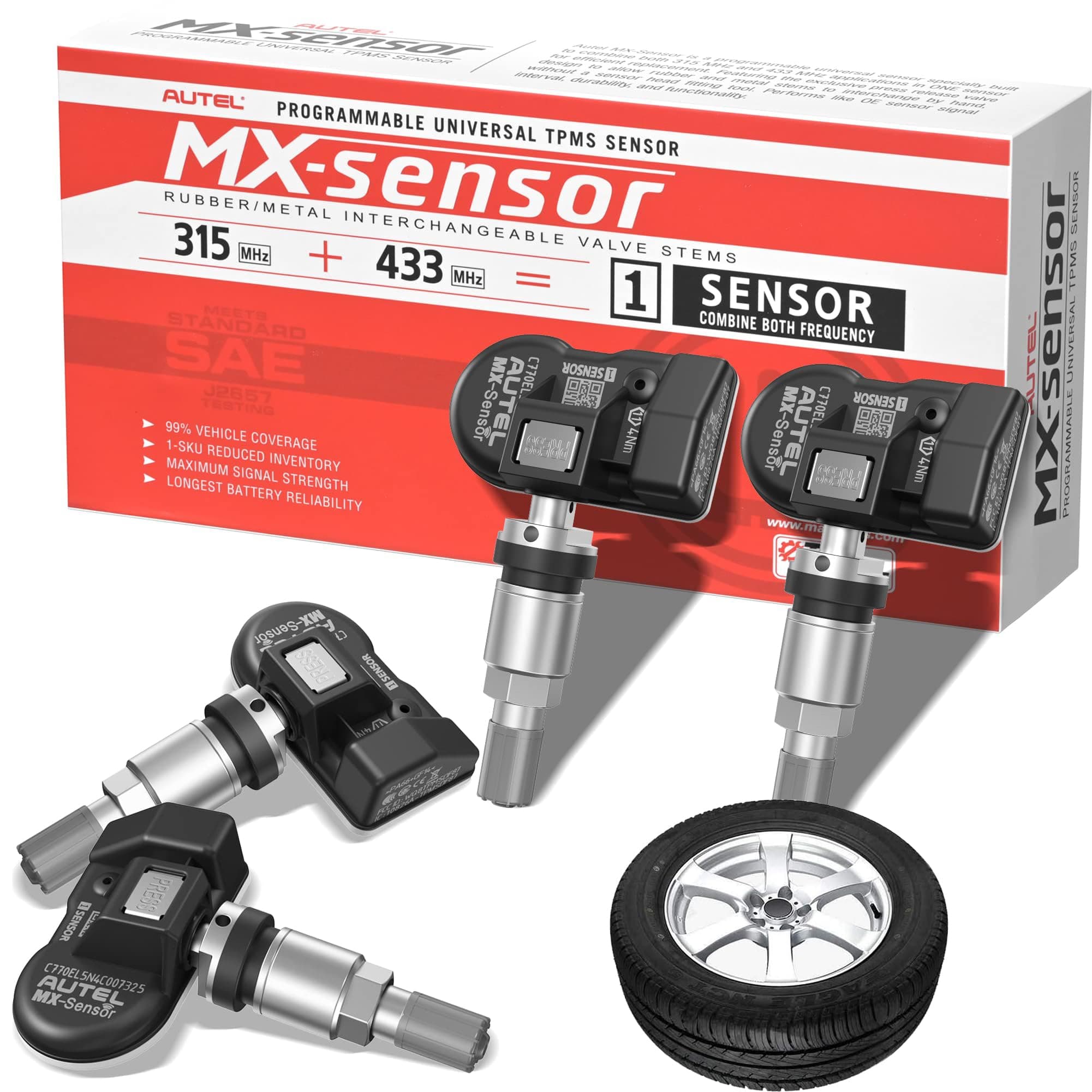 Autel TPMS Sensor MX-Sensor 2 in 1 (Press-in), Programmable TPMS Tire Pressure Sensor 315MHz+433MHz, 100% Clone-able, Same as OE-sensors (Metal Valve Set of 4)