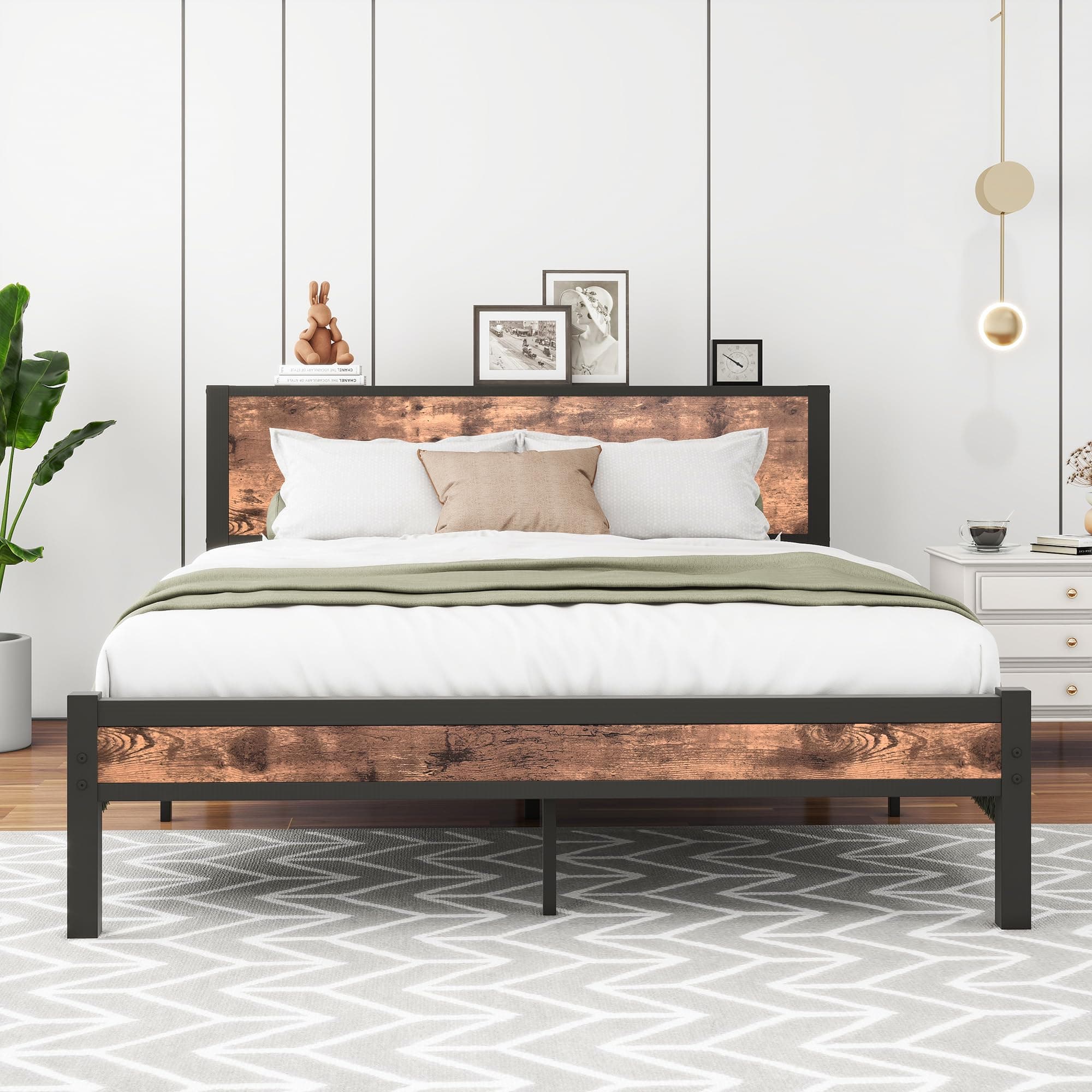 HOMERECOMMENDQueen Size Bed Frame with Wood Storage Headboard,Platform Bed Frame Queen Size,Strong Slats Mattress Foundation,Easy Assembly,Black+Vintage Brown