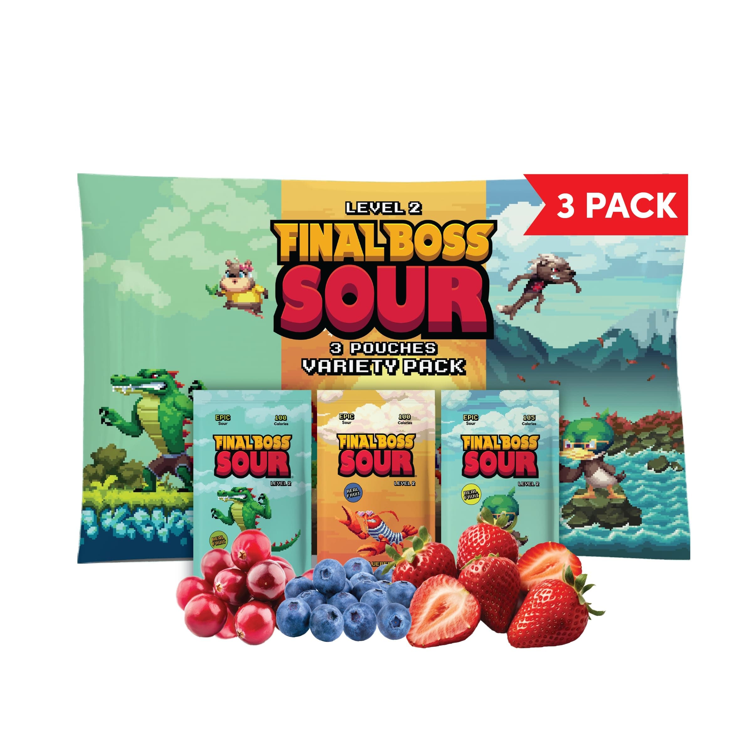 Final Boss Sour Candy, Variety Minipacks, 3 Pack, Level 2, Extreme Sour Fruit Chews with Real Dried Fruit, No Artificial Colors or Flavors, Low Calorie Snack for Kids, Teens, Adults