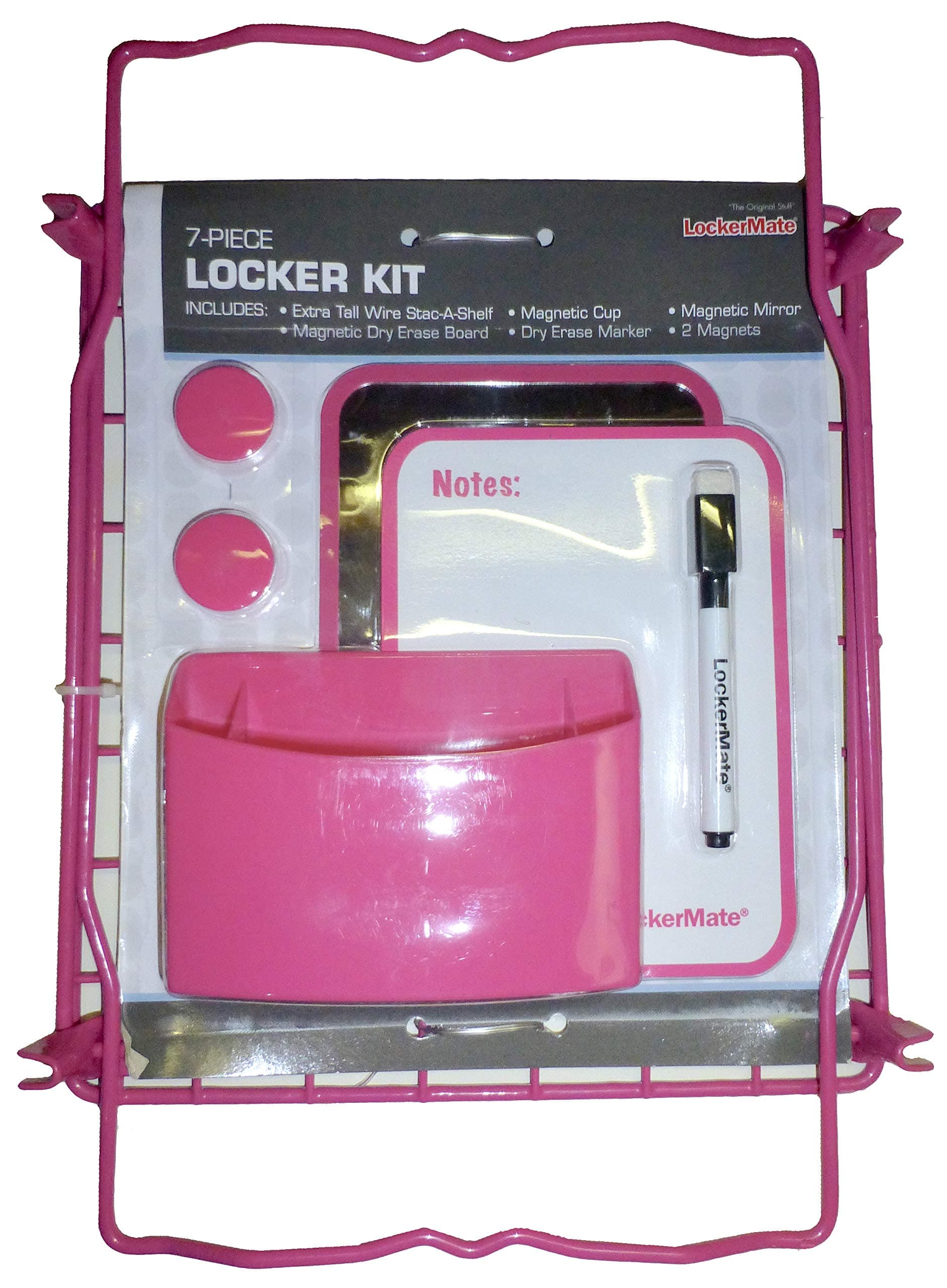 LockerMate 7-Piece Locker Kit, Wire Stac-A-Shelf, Dry Erase Board & Marker, Magnetic Cup, Magnetic Mirror, 2 Magnets School Supplies (Pink)