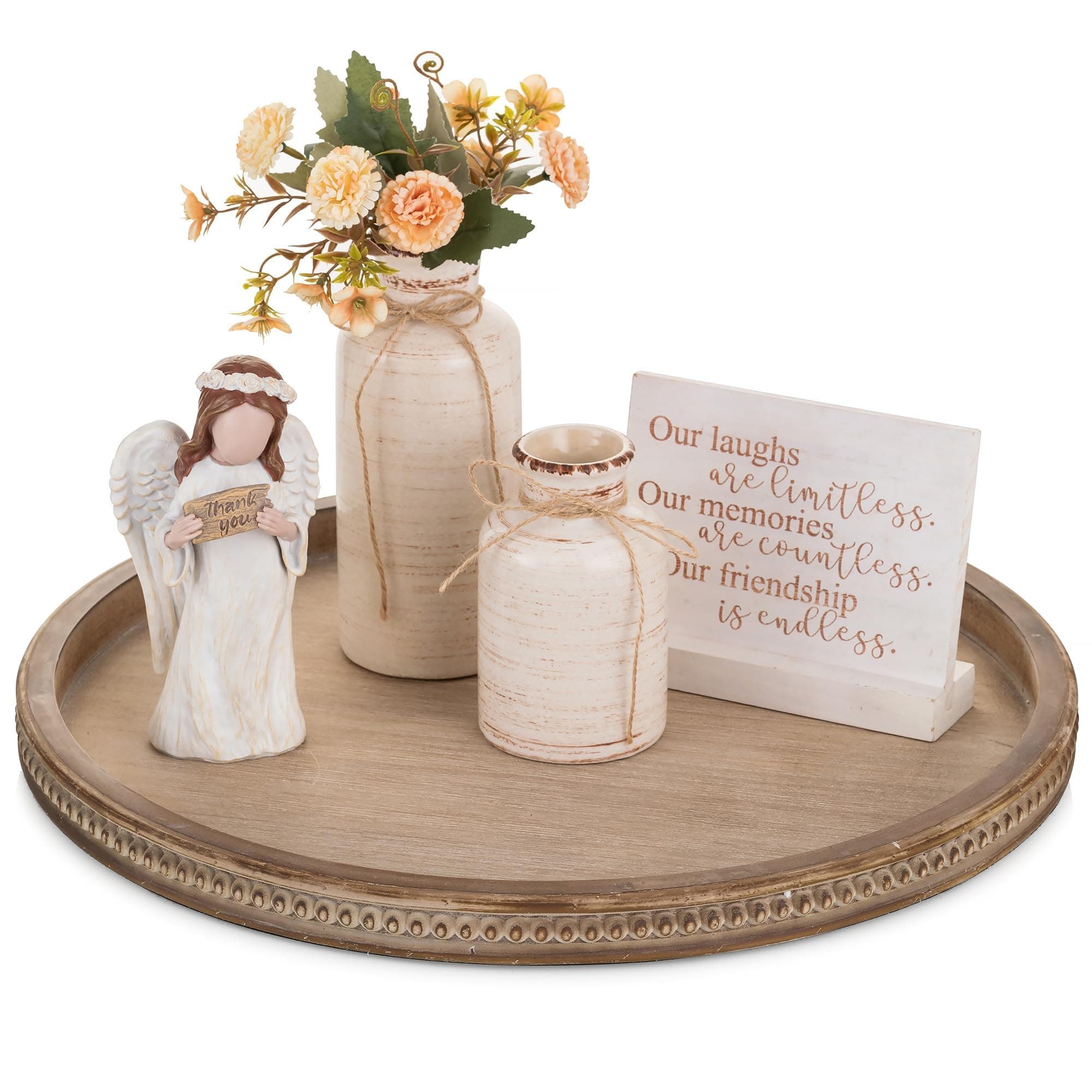 Hanobe Large Round Decorative Tray:Coffee Table Beaded Tray,Rustic Wood Tray Decor Farmhouse Ottoman Circle Tray Vintage Centerpiece Wooden Serving Tray for Living Room Home Counter,Brown