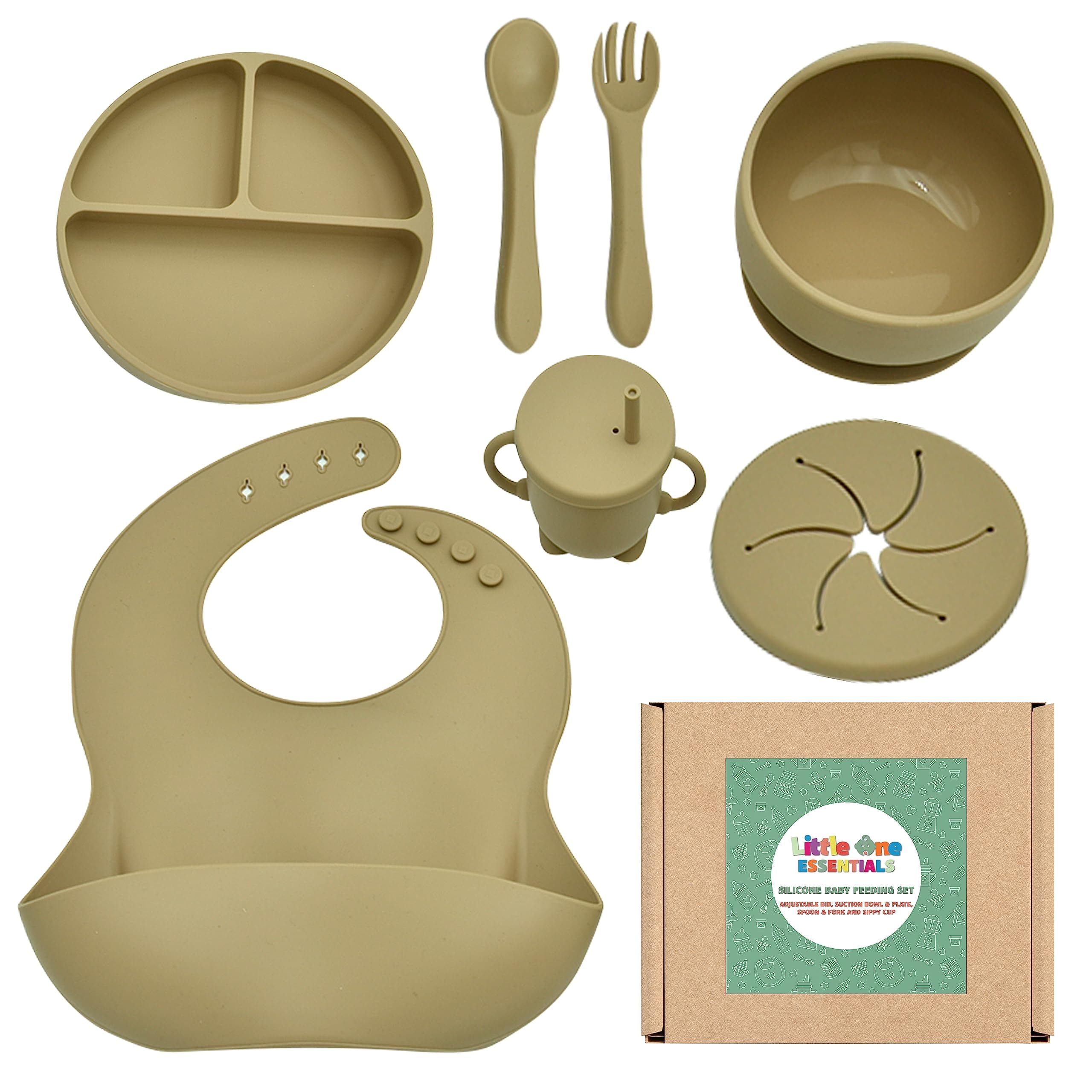 Silicone Baby Feeding Set 7 Pack with Compartment Design, Feeding Supplies for Toddlers with Suction Plate & Bowl, Bib, Spoon & Fork, Water & Snack Cup, Food Grade Silicone BPA Free - (Brown)