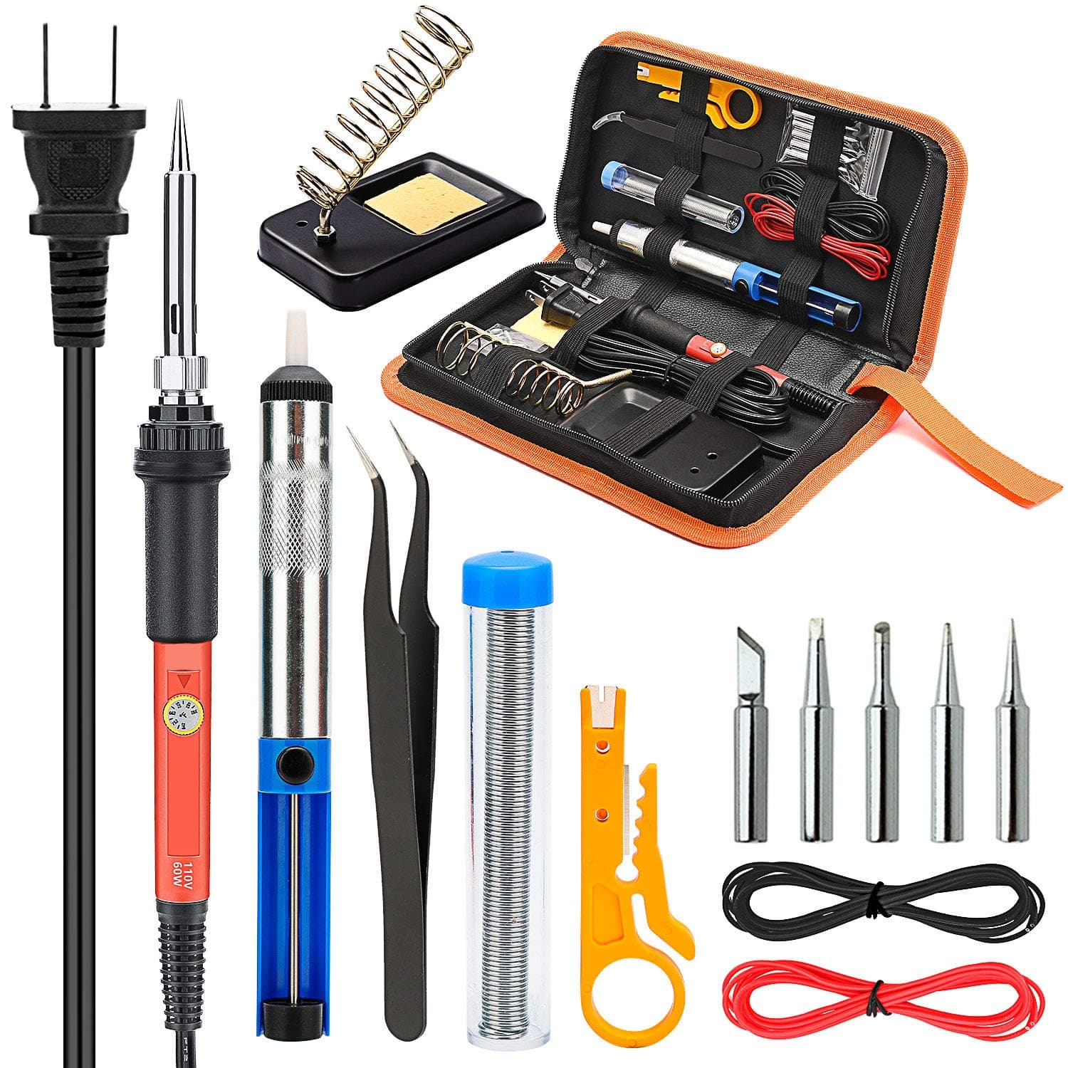 Soldering Iron Kit Electronics, Yome 14-in-1 60w Adjustable Temperature Soldering Iron, 5pcs Soldering Iron Tips, Desoldering Pump, Tweezers, Stand, Solder, PU Carry Bag
