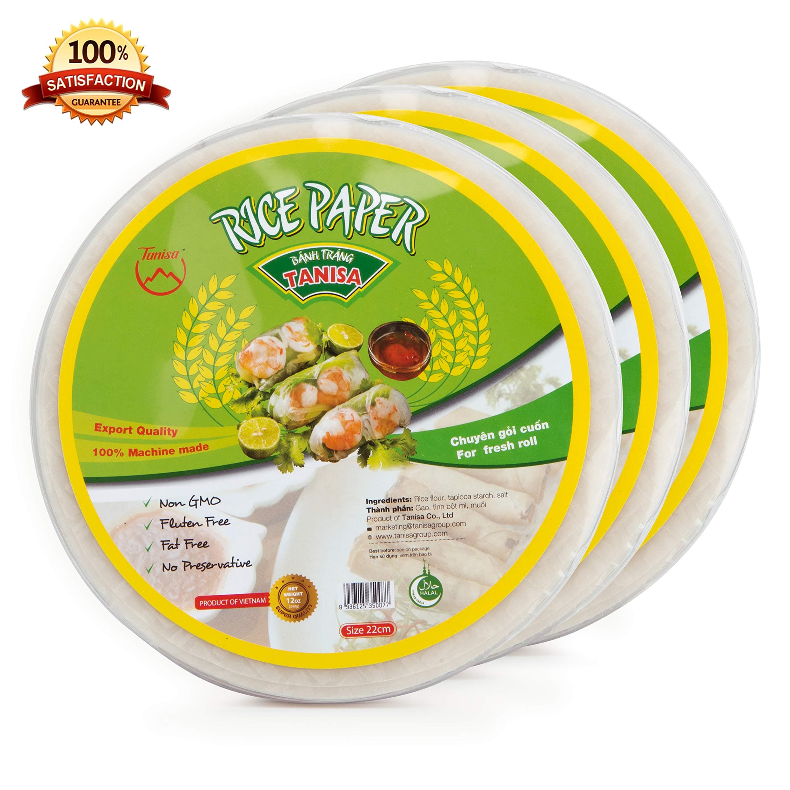 3 packs Tanisa Spring Roll Rice Paper Wrapper for Fresh roll (Round, 22cm, 12 Oz/pack)