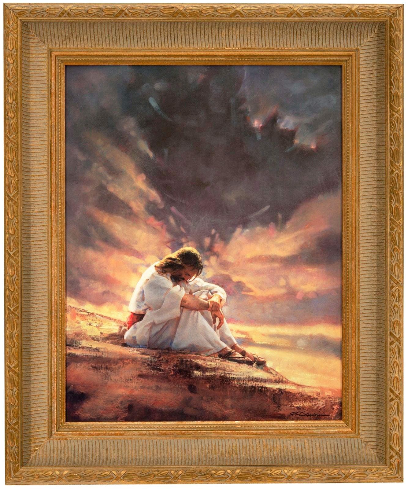 IN THE WILDERNESS Framed Canvas 18" x 23" Image Size Christian Spiritual Jesus Christ Stunning gold frame - A Show Piece!