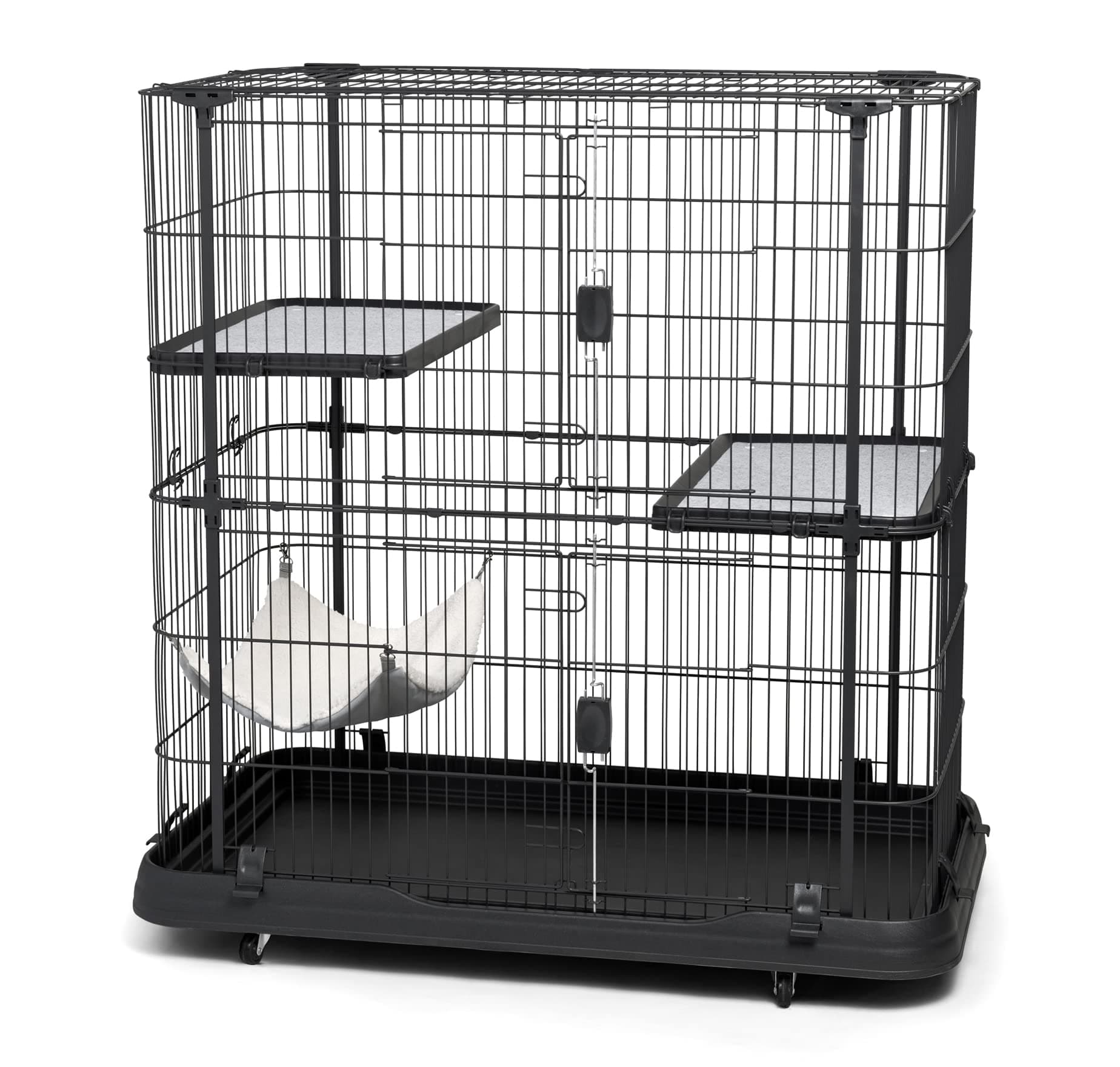 Prevue Pet Products Deluxe Cat Home - Cat Cage Home with 3 Levels, Spacious Indoor Pen, Includes Hammock, Durable & Easy to Clean Kennel, with Rolling Wheel Casters - Black