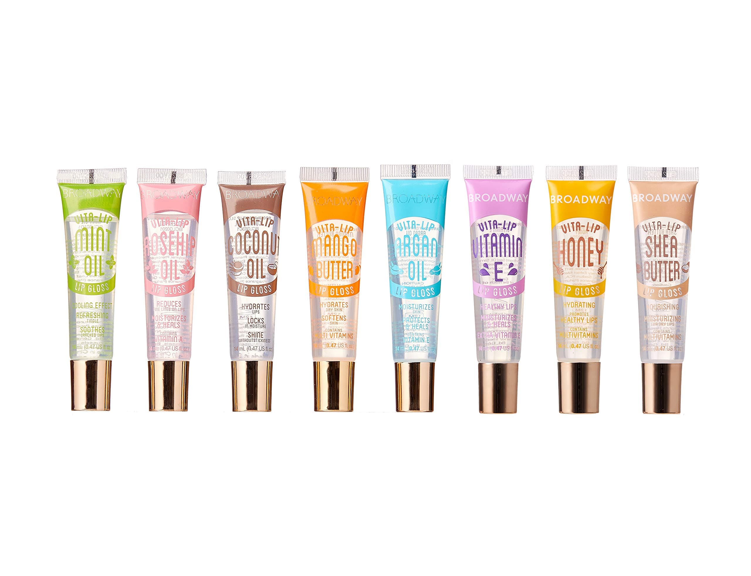 Ruby Kisses Broadway Vita-Lip Clear Lip Gloss (8 Pack), Ultra-Hydrating & Soothing Formula with Vitamins, High-Shine Non-Sticky Finish Lip Balm with Mint, Rosehip, Coconut, Mango, Argan, Honey, Shea