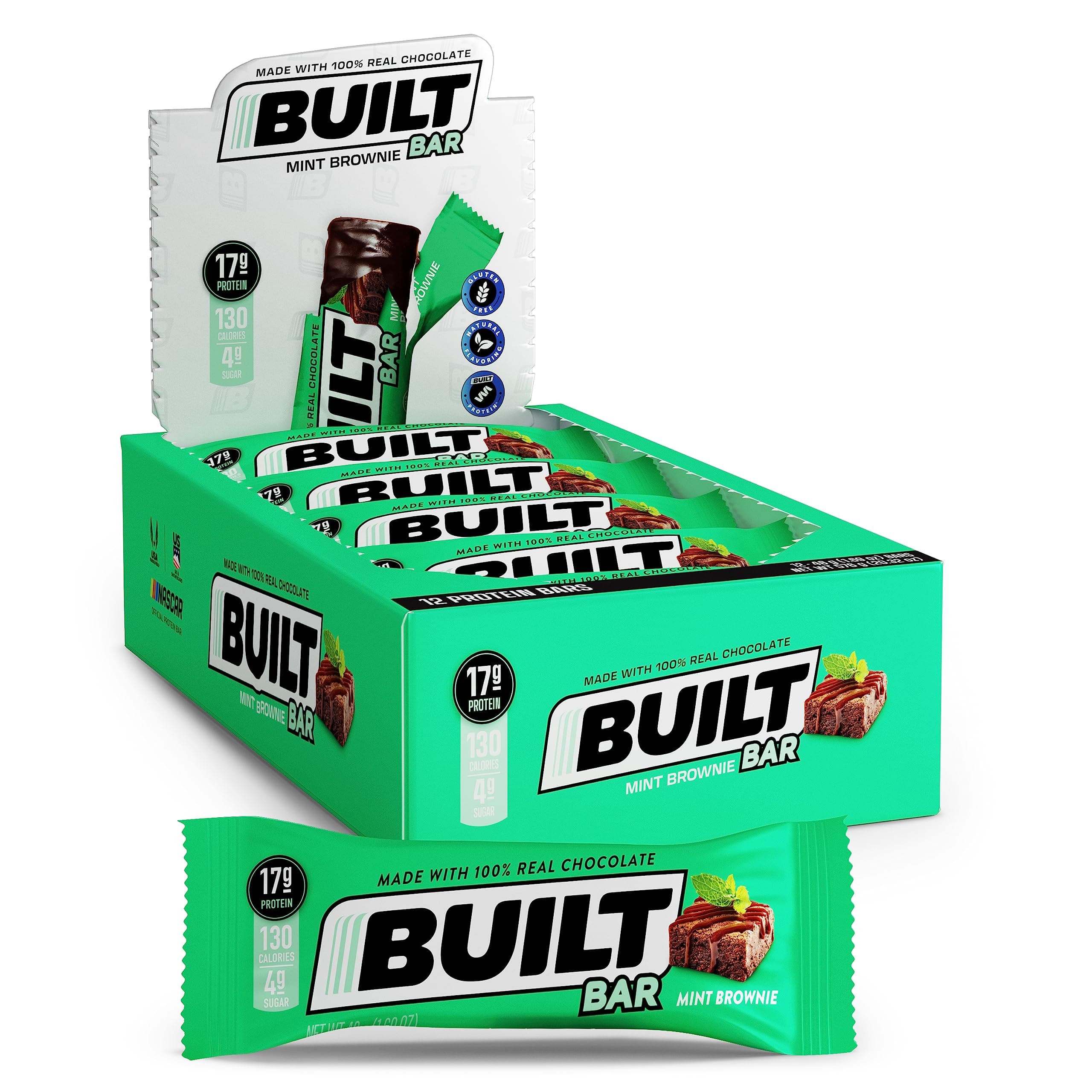 BUILT Protein Bars, Mint Brownie, 12 Count, 1.73oz Bars, Gluten Free Protein Snacks with 17g of High Protein. Chocolate Protein Bar only 130 calories & 4g sugar, Great On The Go Protein Snack