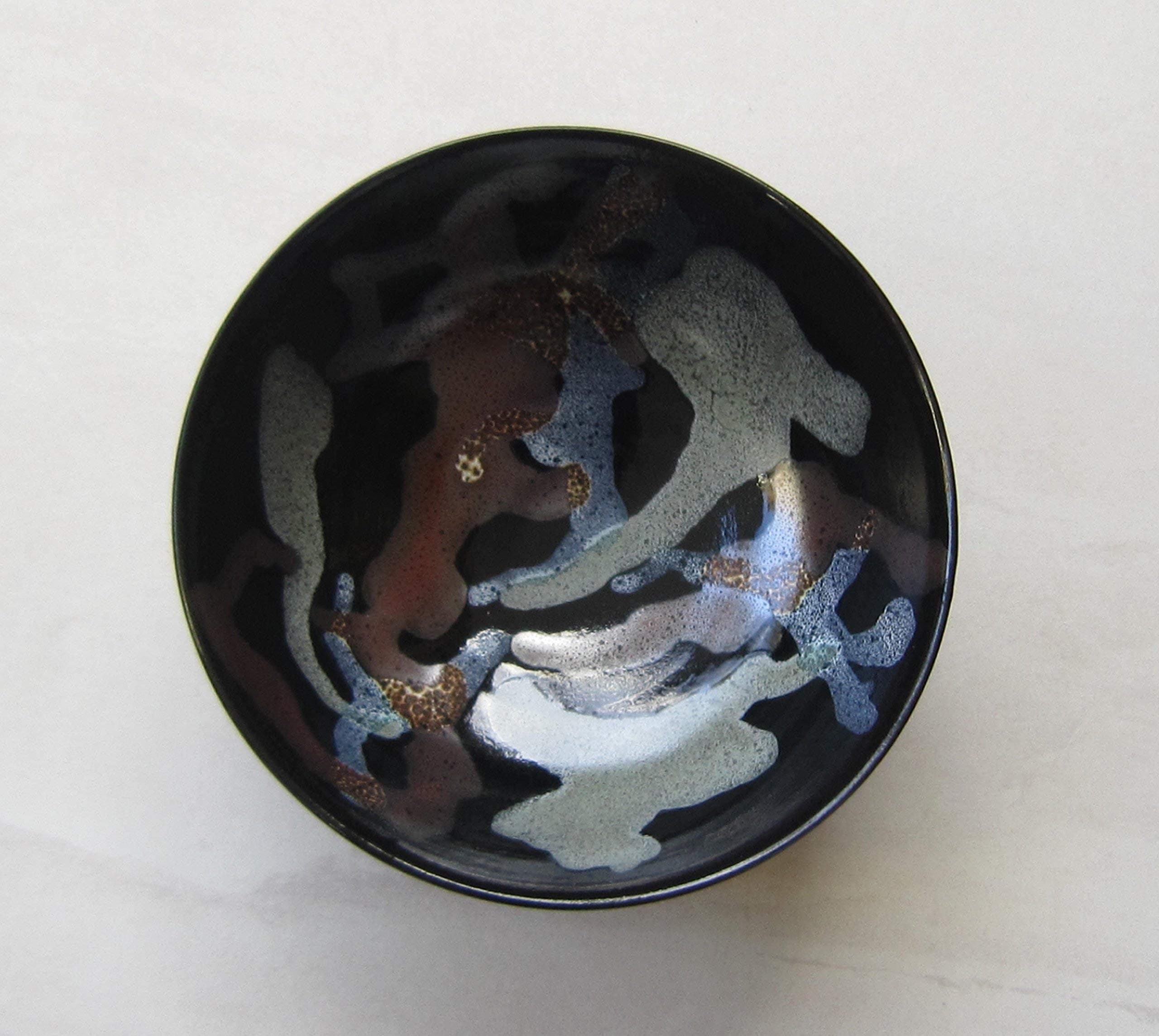 Display piece; Gallery piece; Table centrepiece; Ceramic art; Bowl with black, red, green and white glazes; Functional art; Salad bowl