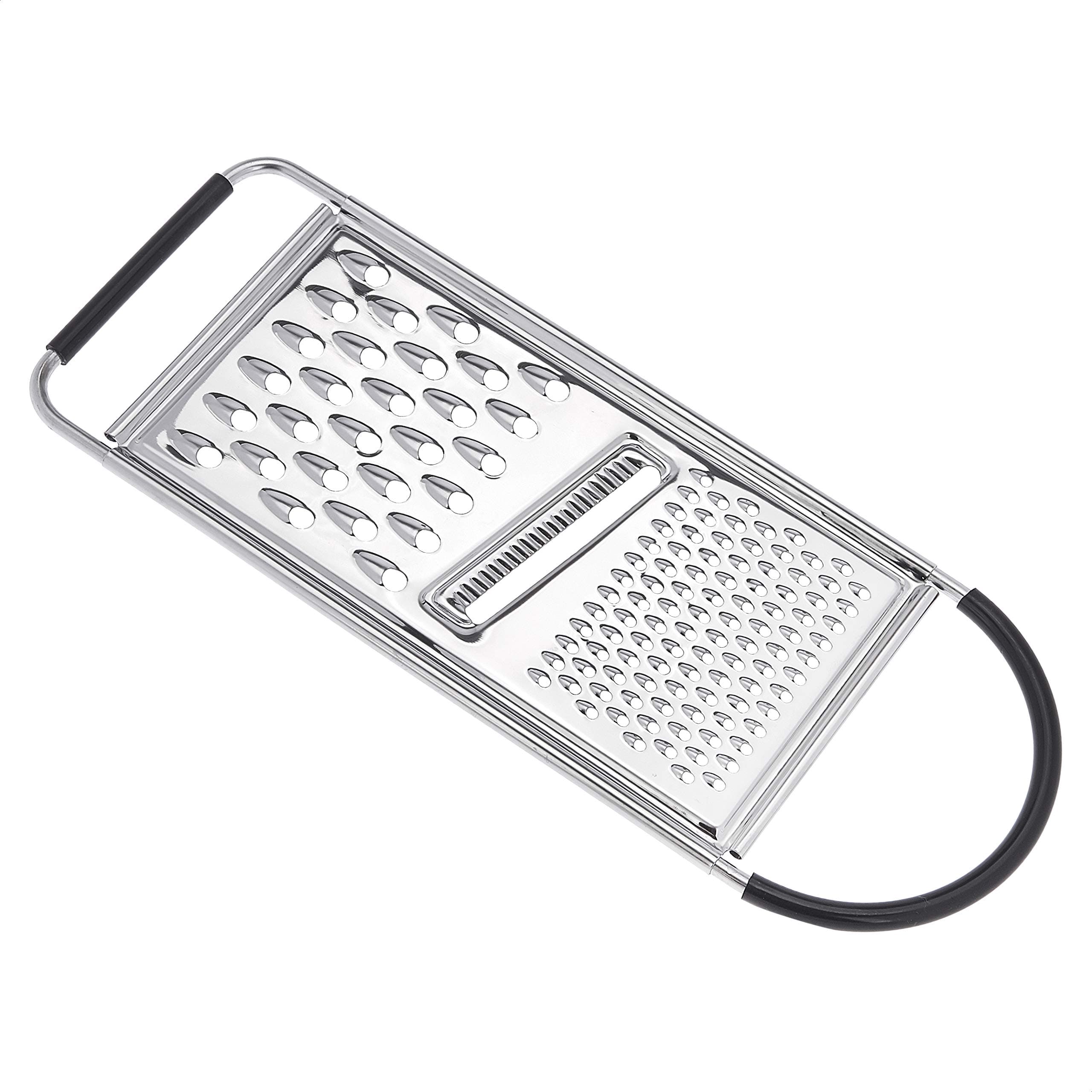Rectangular Stainless Steel Flat Cheese and Vegetable Grater with Non-Slip Handle and Base, Dishwasher Safe, Silver & Black