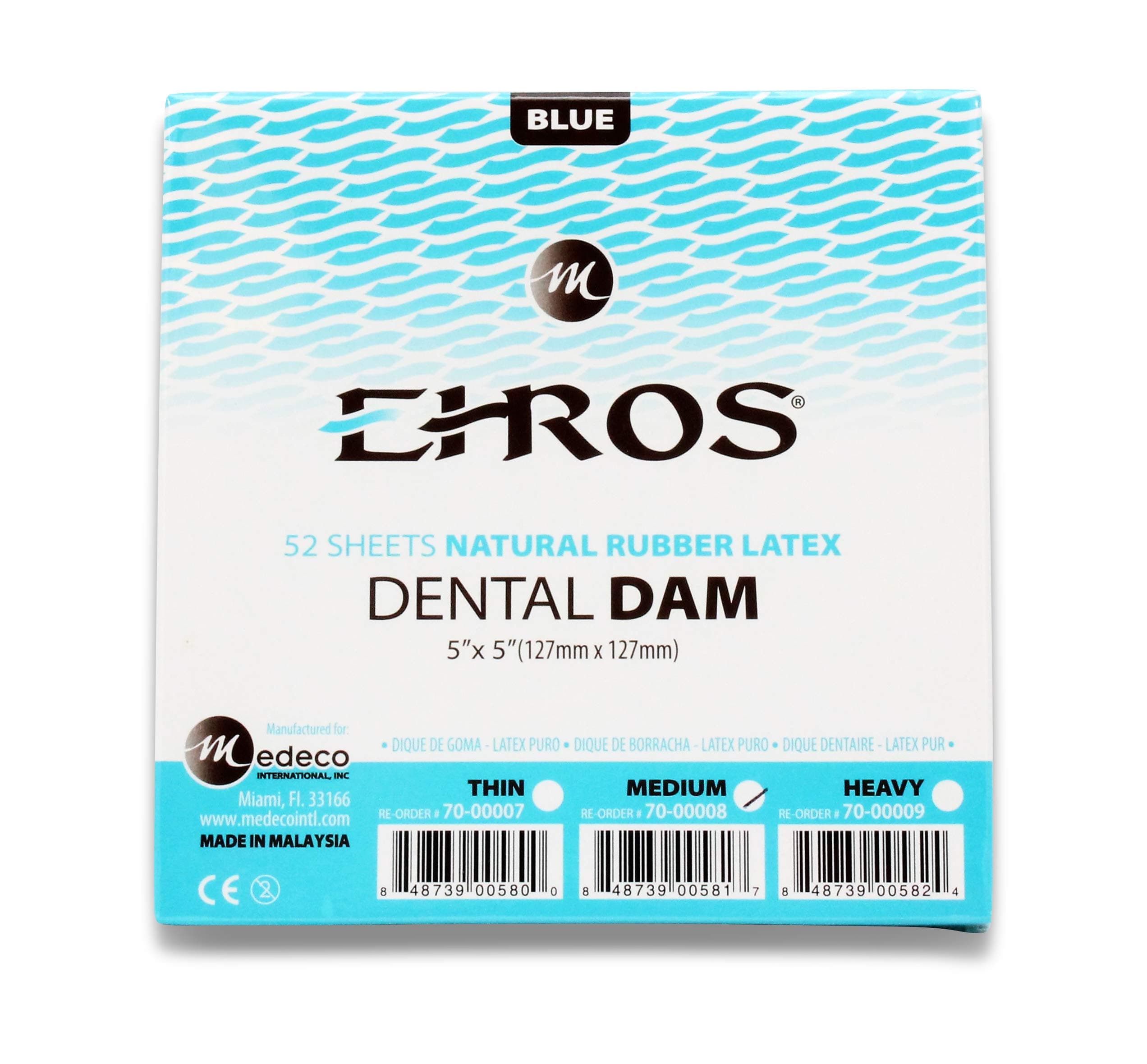 Rubber Dental Dam 5"x 5" Medium Blue Latex 52 Sheets Natural EHROS