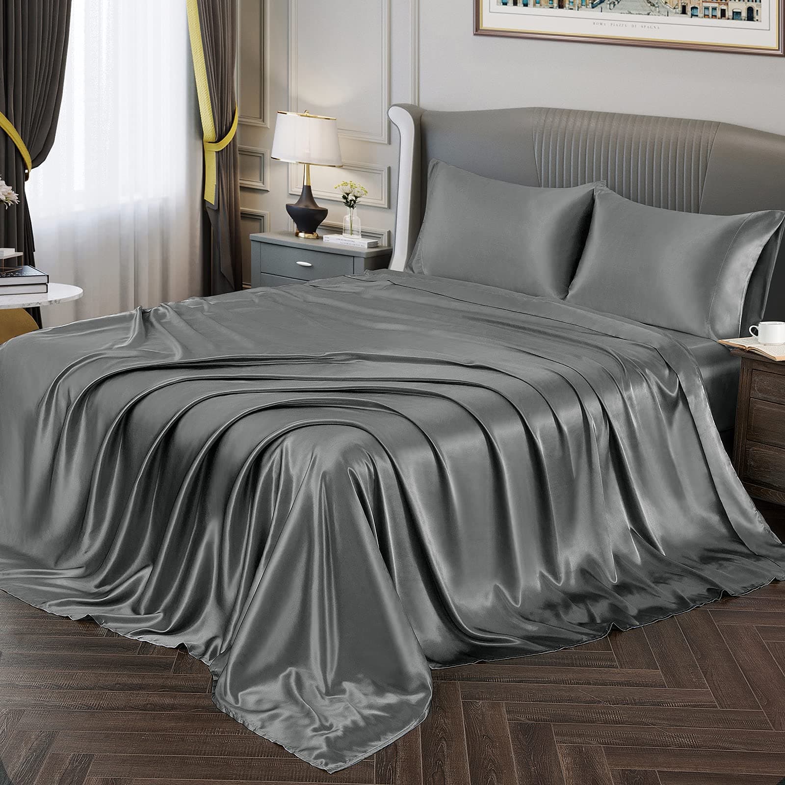Vonty Satin Sheets Queen Size Silky Soft Satin Bed Sheets Grey Sheet Set, 1 Deep Pocket Fitted Sheet + 1 Flat Sheet + 2 Pillowcases