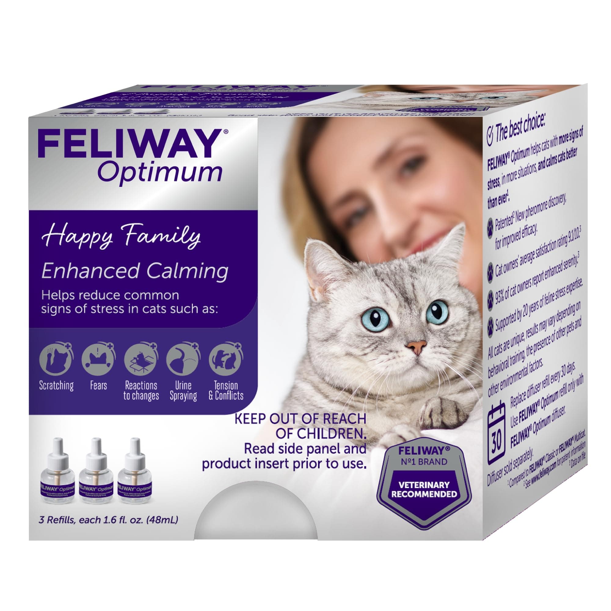 Optimum 3 x 30 Day Cat Calming Refills for Pheromone Diffuser, 3 x 48ml Value Pack - Helps Reduce Common Signs of Stress in Cats & Kittens, Enhanced Calming