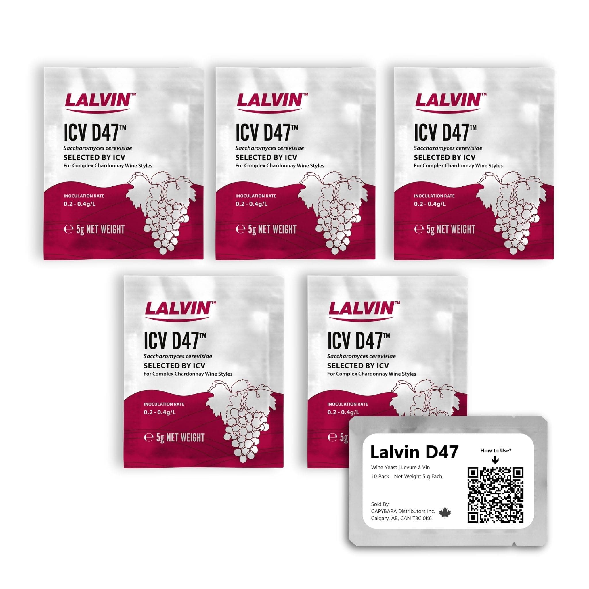 Lalvin D47 Wine Yeast (5 Pack) - Make Wine Cider Mead Kombucha At Home - 5 g Sachets - Saccharomyces cerevisiae - Sold by CAPYBARA Distributors Inc.