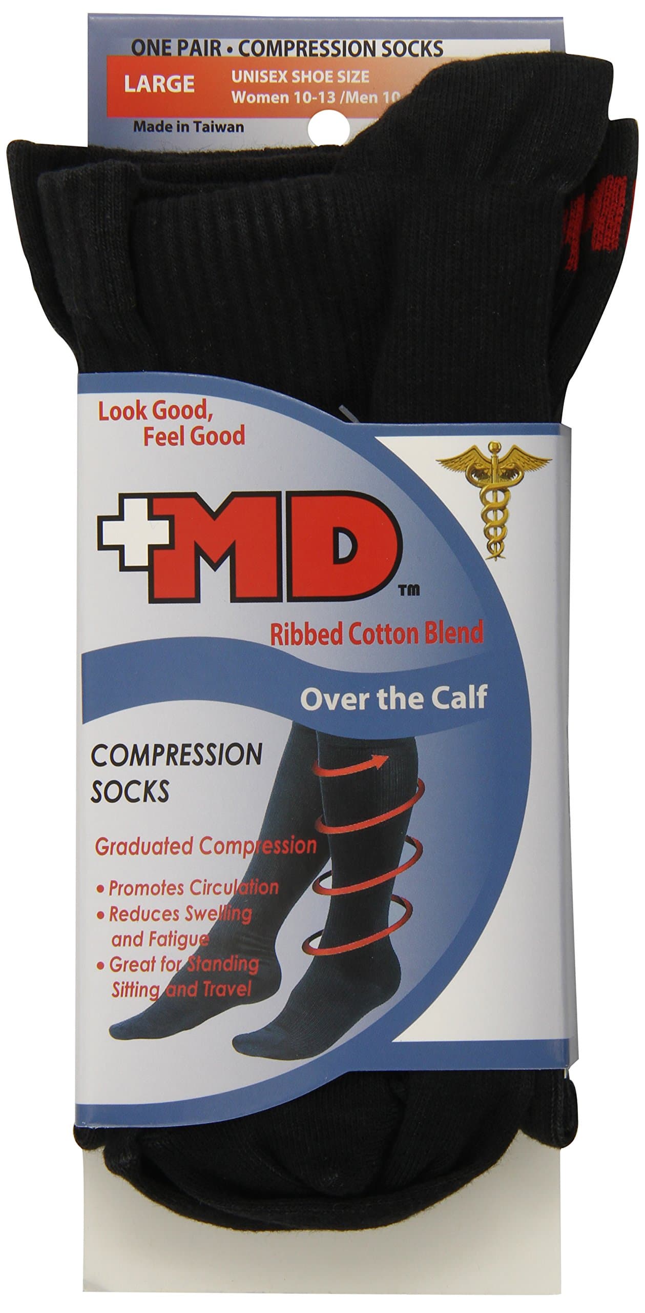 Ribbed Cotton Blend Compression Socks, Over the Calf, Black, Large