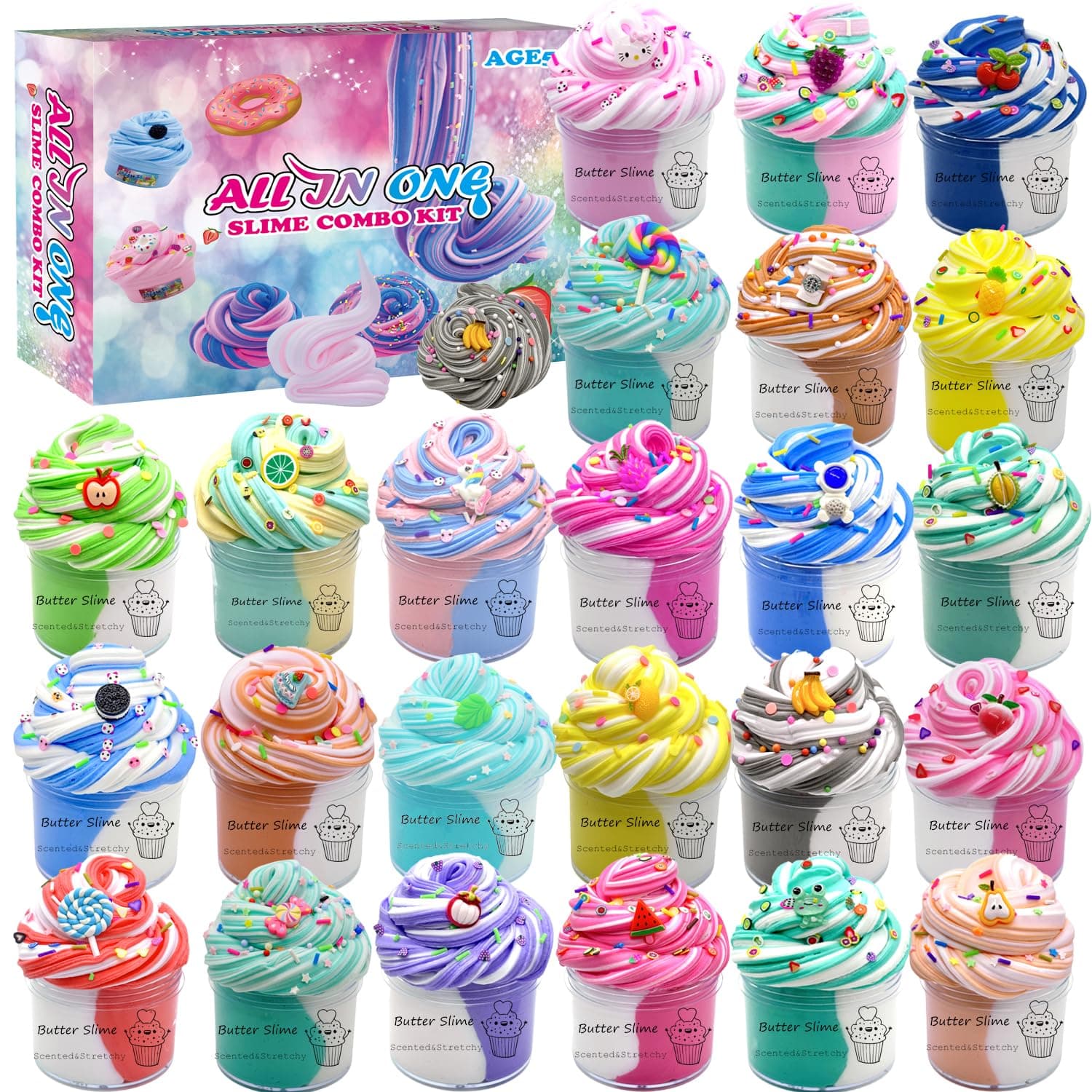 Slime Set Butter Slime Kit 24 Packed Two-Toned Containers, Assorted Colors and Designs,Soft and Bouncy Non-Sticky Slime Party Gifts for Girls and Boys