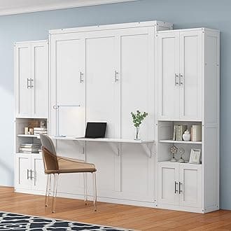 SOFTSEA Full Size Murphy Bed with 2 Side Cabinets, 61.5 inch Foldable Bed Wall Bed Murphy Bed with Desk Combo, Wood Cabinet Murphy Bed for Guest Room Study Room Home Office, White