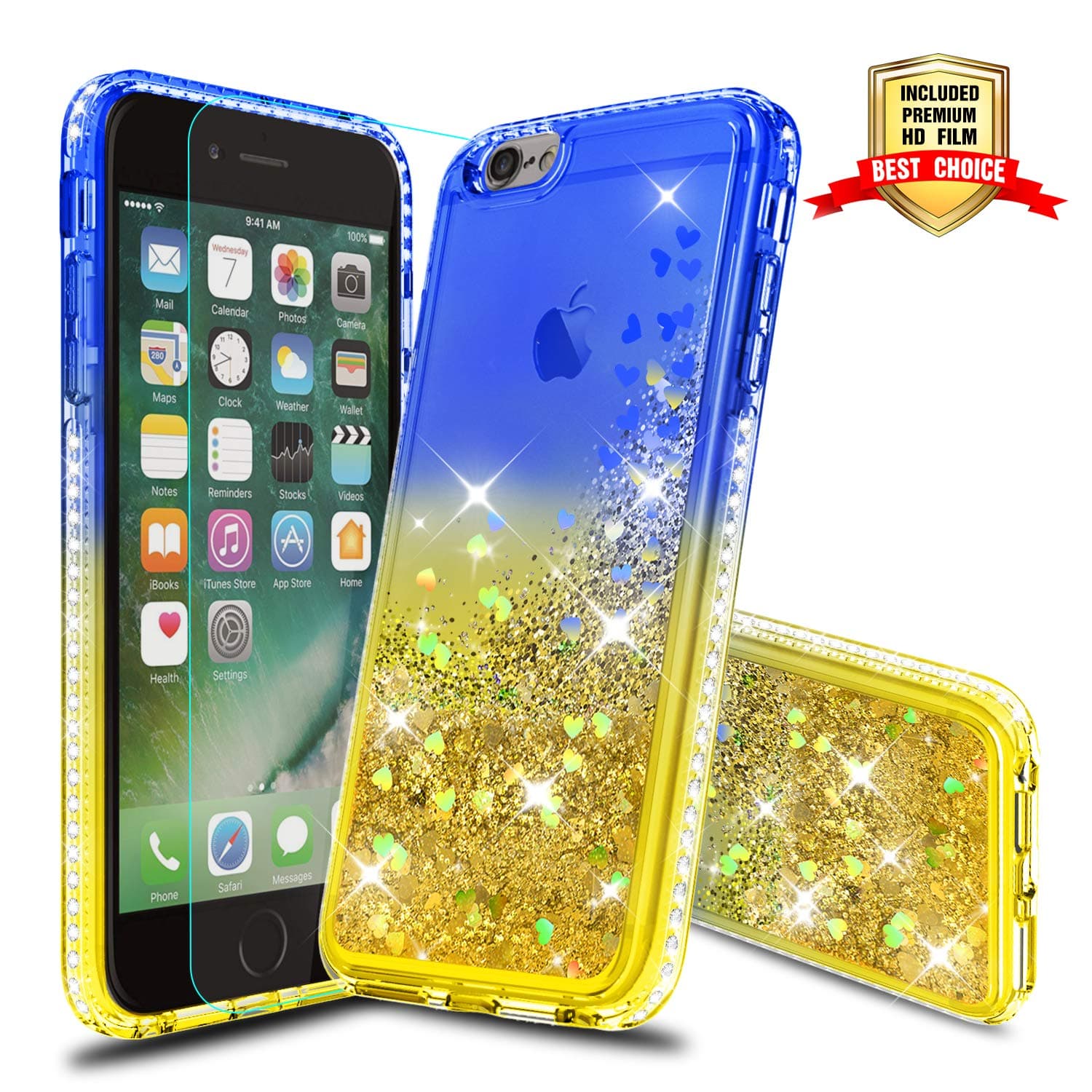 Atump iPhone 6S Plus Case, Girly Cases with HD Screen Protector, Fun Glitter Liquid Sparkle Diamond Cute TPU Silicone Protective Phone Cover (5.5 inch) for iPhone 6 Plus Blue/Yellow